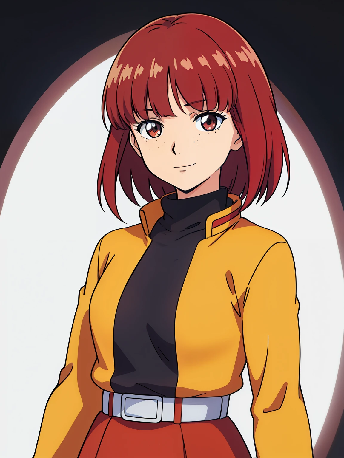 (high-quality, breathtaking),(expressive eyes, perfect face) 1girl, female, solo, ager, red hair, short hair length, dark brown eyes, dutch braids, freckles on face, cute smile, positive expresion, Gundam artstyle, black background, portrait, symmetrical eyes, yellow shirt, red jacket, belt, skirt, v shaped bangs