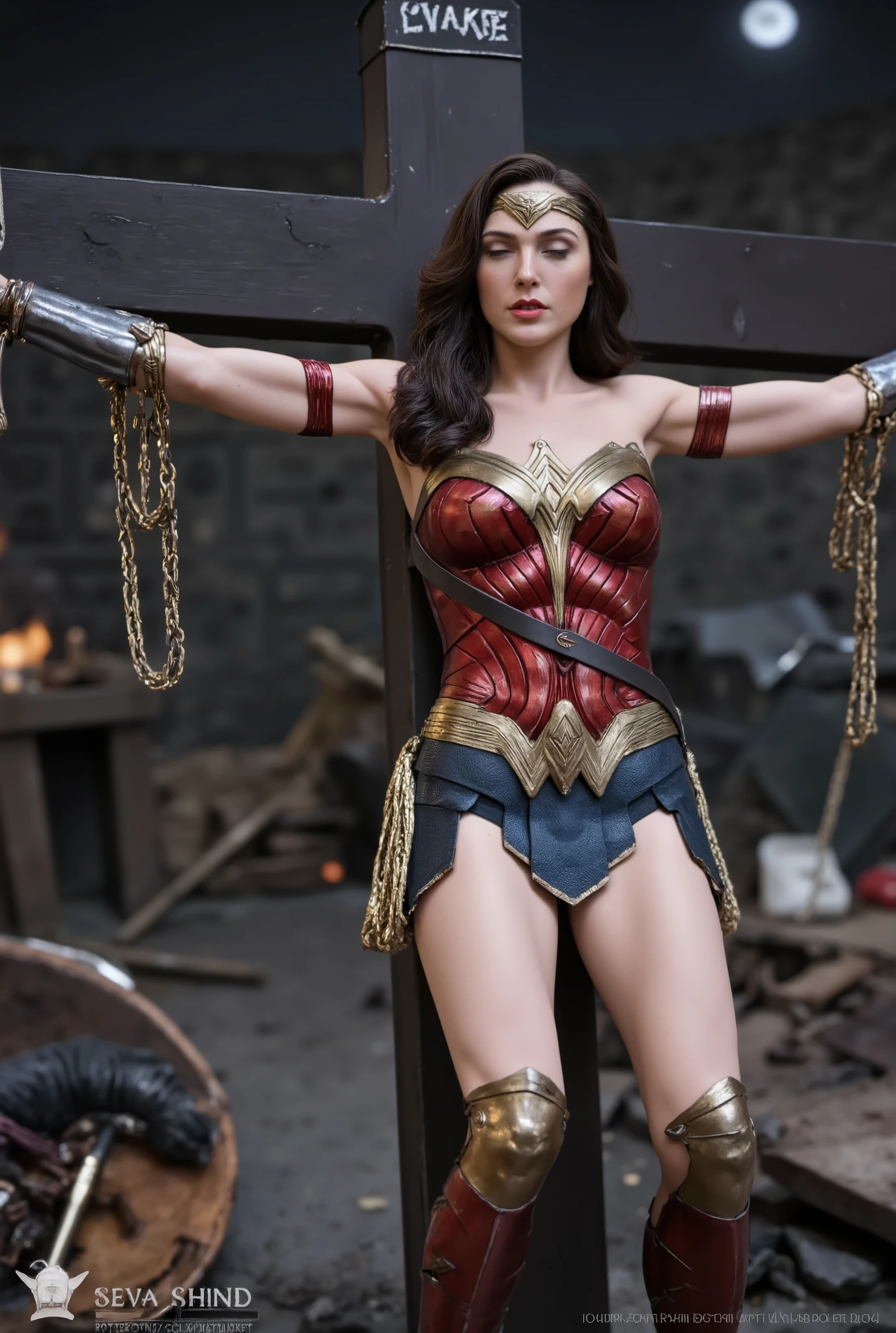 Gal Gadot is Wonder woman, a Wonder woman is crucifixion on the cross, a very beautiful face, very bright white skin, brown hair, she is unconsciousness, sleep, eyes close, dirty body, injury, tattered clothes, bound arms to the cross by chain, a lot of chains locked on her arms, broken breast plate, painful face, Excruciating pain face, photorealistic, hyper realistic, whole body visible, in the night, ancient myth war,