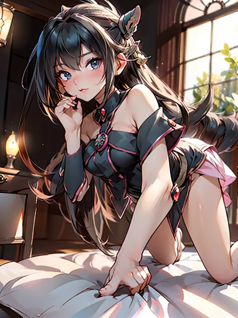 Female imps（Dull hair、seductiveexpression、Raised sexy、Young、Be red in the face、Love eyes、White soft skin、soft face、Soft hands、Soft calves、soft thighs、cropped shoulders、Open navel、black lence stockings、Lying in bed、Lift your miniskirt to reveal a sexy black lace swimsuit、Wolf tail）Low viewing angle、whole body display、