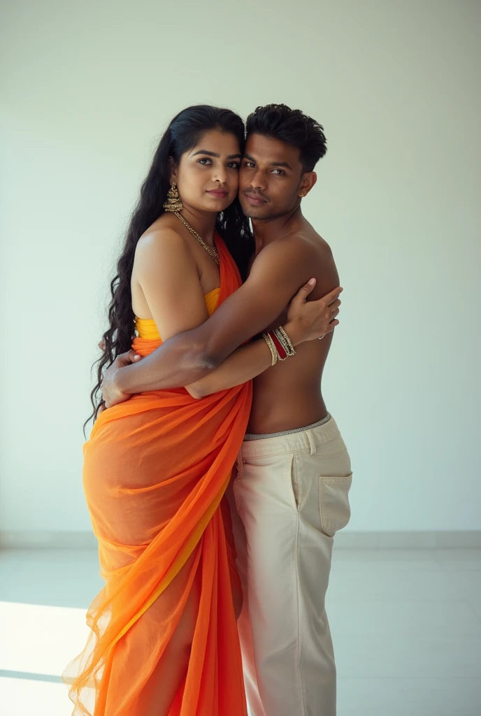 A boy and a girl are making love naked in each other's arms in a red coloured saree. The girl's body is very attractive, her buttocks are quite big and round in shape, her waist is thin and delicate.