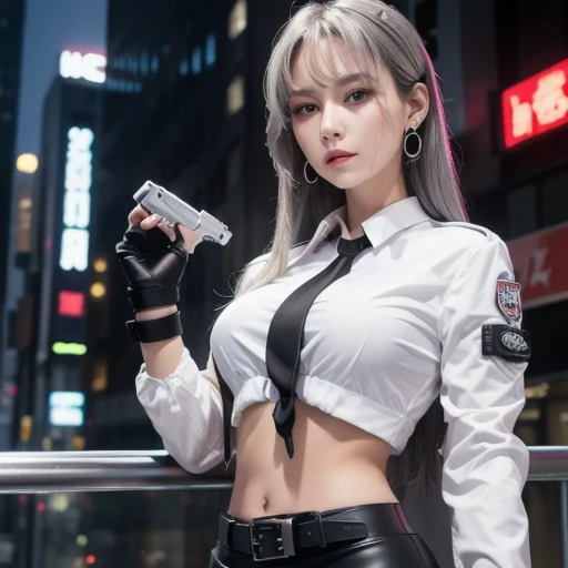 ((best qualtiy, 8k, tmasterpiece:1.3)), sharp:1.2, perfect figure beautiful woman:1.4, Slim abs:1.2, ((Layered Hair Style, huge tit:1.2)), (Long shirt with wet white buttons:1.1),(Bulletproof police car,the street:1.2),Get wet:1.5,Highly detailed facial and skin texture,A detailed eye,二重まぶた,Look sideways at the camera,White police uniform,Tall and tall,Army insignia,bulletproof vest,intercom,Point a pistol at the camera Female soldier,full armour,Black leather pants,commando,agent,Bleeding from the belly button,There is blood in the abdomen,bleeding from the corners of her mouth