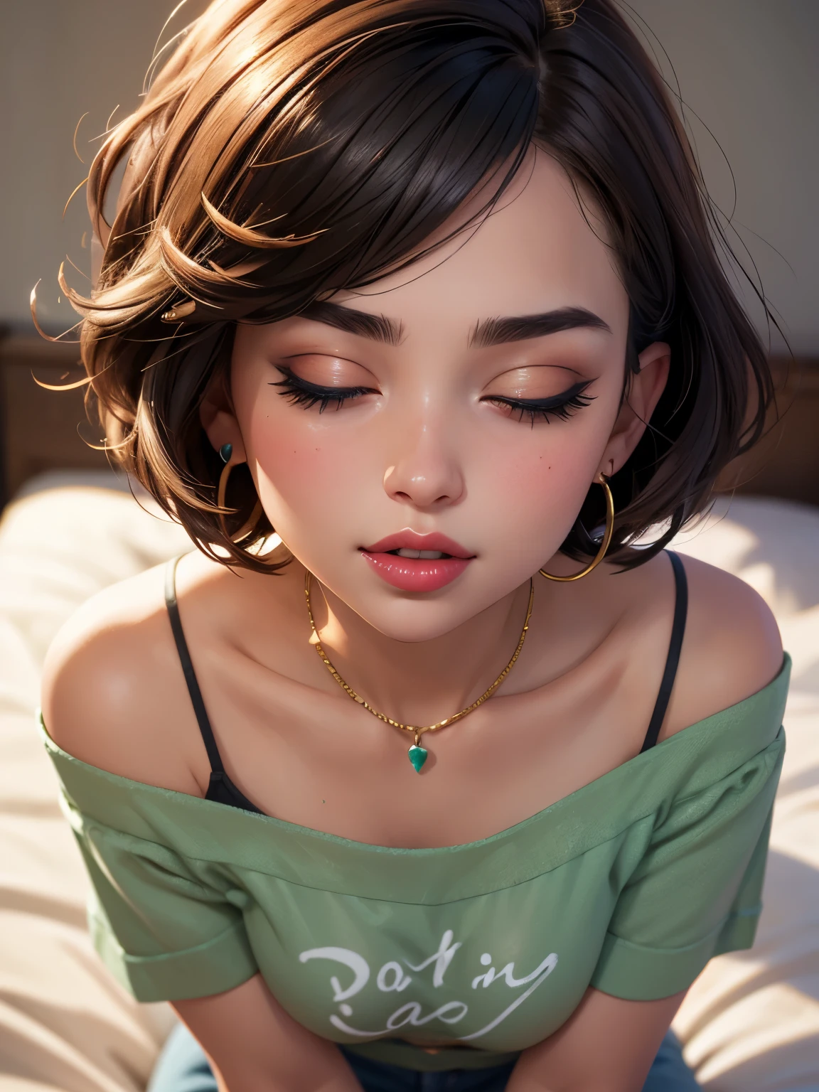 Upper Body, Young Woman, 20 Years Old, Beautiful Face, Highly Detailed Face, Highly Detailed Skin Texture, Fine Eyes, Brown Eyes, Double Eyelid, Thin Eyebrows, Glitter Eyeliner, Natural Cheeks, Shiny Skin, Green T-Shirt, Denim Shorts, Earrings, Glossy Lips, Parted Lips, Enchanting Smile, Short Hair, Bob, Focus On Chest, Focus On Face, Upper Body Shot, Off-Shoulder T-Shirt, Small Breasts, Lying On Bed, High Resolution, Accurate, Anatomically Correct, Best Quality, High Details, High Quality, Super Detailed, Textured Skin, Black Hair, Breasts, Hoop Earrings, Blush, Parted Lips, Makeup, Nose Blush, Heavy Breathing, Light Blush, Full-face Blush, Red Lips, Flustered, Half-Closed Eyes, Naughty, Naughty Face, Close-Up, Depth Of Field, Short Hair, Bob Cut