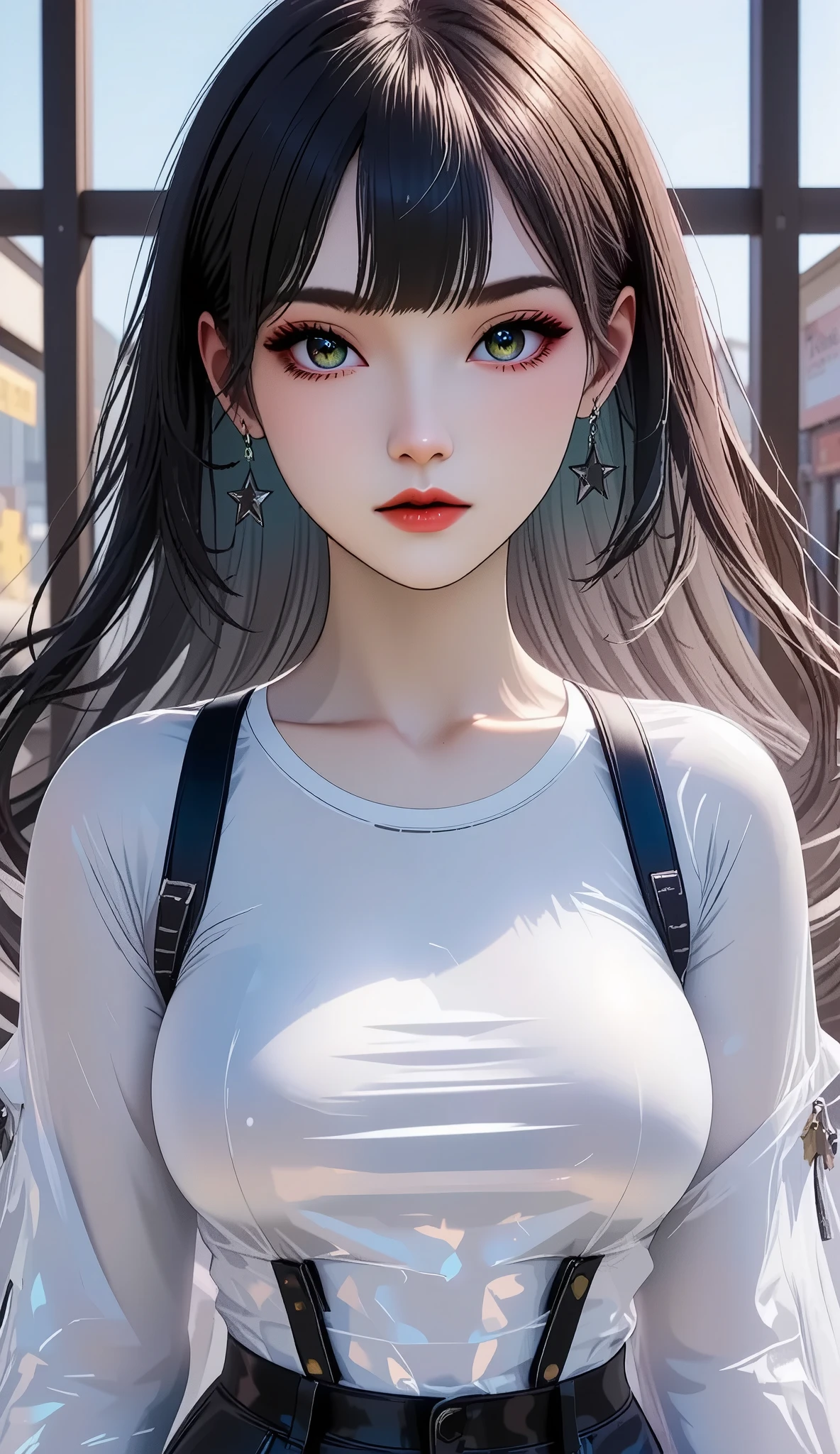 top-quality、Top image quality、​masterpiece、Teenage girl((White shirt、Long black trousers、18year old、 Ager、Best Bust、big bast,Black eyes, blue hairs、A slender,Large valleys、red lipstick makeup、Cute earrings、銀の腕時計、Bring your chest together、Sit up、A seductive pose eyeshadow for the eyes)),hiquality、Beautiful Art、Background with((white walls、Photography Studio))​masterpiece、depth of fields,Camera Film Style