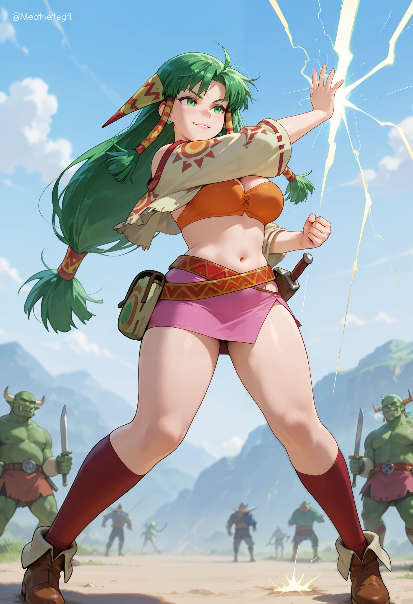 26 yo, face look alike to feena from \(Grandia\), Beautiful Mature young milf, (mature woman with lean perfection abdomen), sweet sweet decissive expression, confident smirk, large natural breasts, Curvy body, (outdoor-casting a lightning magic-spell with 1hand - ready to fight a pack of wolves in fantasy classic Grandia settings), knife holster battle stance, solo, 1girl, blowing whirlwind effects, BREAK, She wears an orange bra top that leaves her abdomen exposed, paired with a small short pink skirt held up by a thin red belt. Covering her arms is a tan-colored shawl adorned with patterns on both sleeves. Her long green hair flows down her back, with some sections tied through two patterned hair accessories. She completes her ensemble with ripped red socks that extend past her knees and brown shoes featuring tribal patterns similar to those on her belt and shawl, official arts, dynamic jrpg view, cinematic dynamic angles, fantastic fantasy vibrant background, fighting monsters, surrounded by monsters orc goblins,