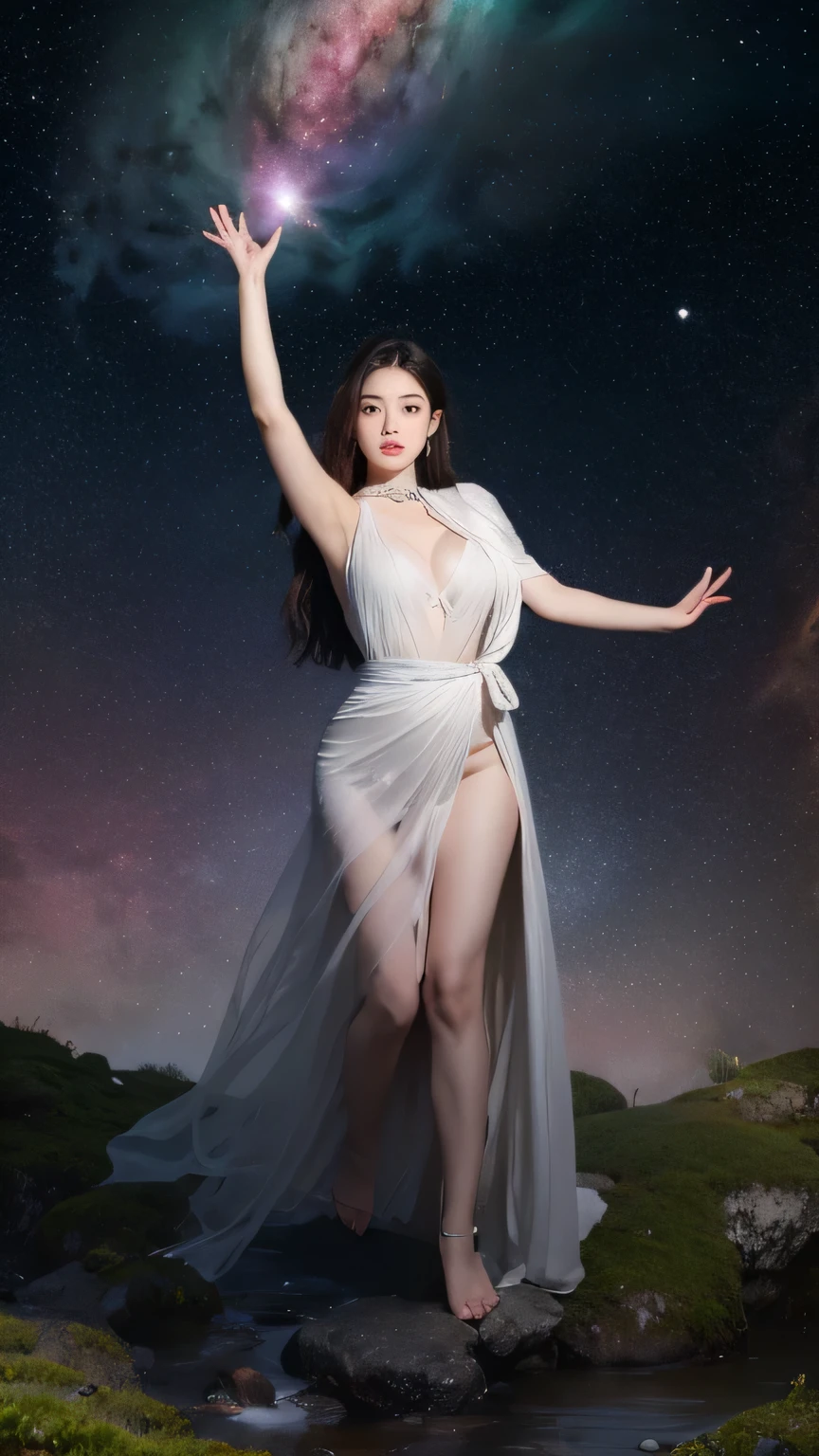 a lot of details, (slender waist), 30 years old, detailed black hair, beautiful detailed hair, super fucking beautiful, delicate beautiful face, complex details beautiful and delicate eyes, perfect hands, (small breasts best quality), perfect and delicate limbs, detailed skin, best quality, ultra-detailed,(cheerful grin:1.5),
stars behind girl, whole body, View from below, thick thighs, hands behind back, detailed long hair, highleg, pink Clothes, moon, beach, floating flow,