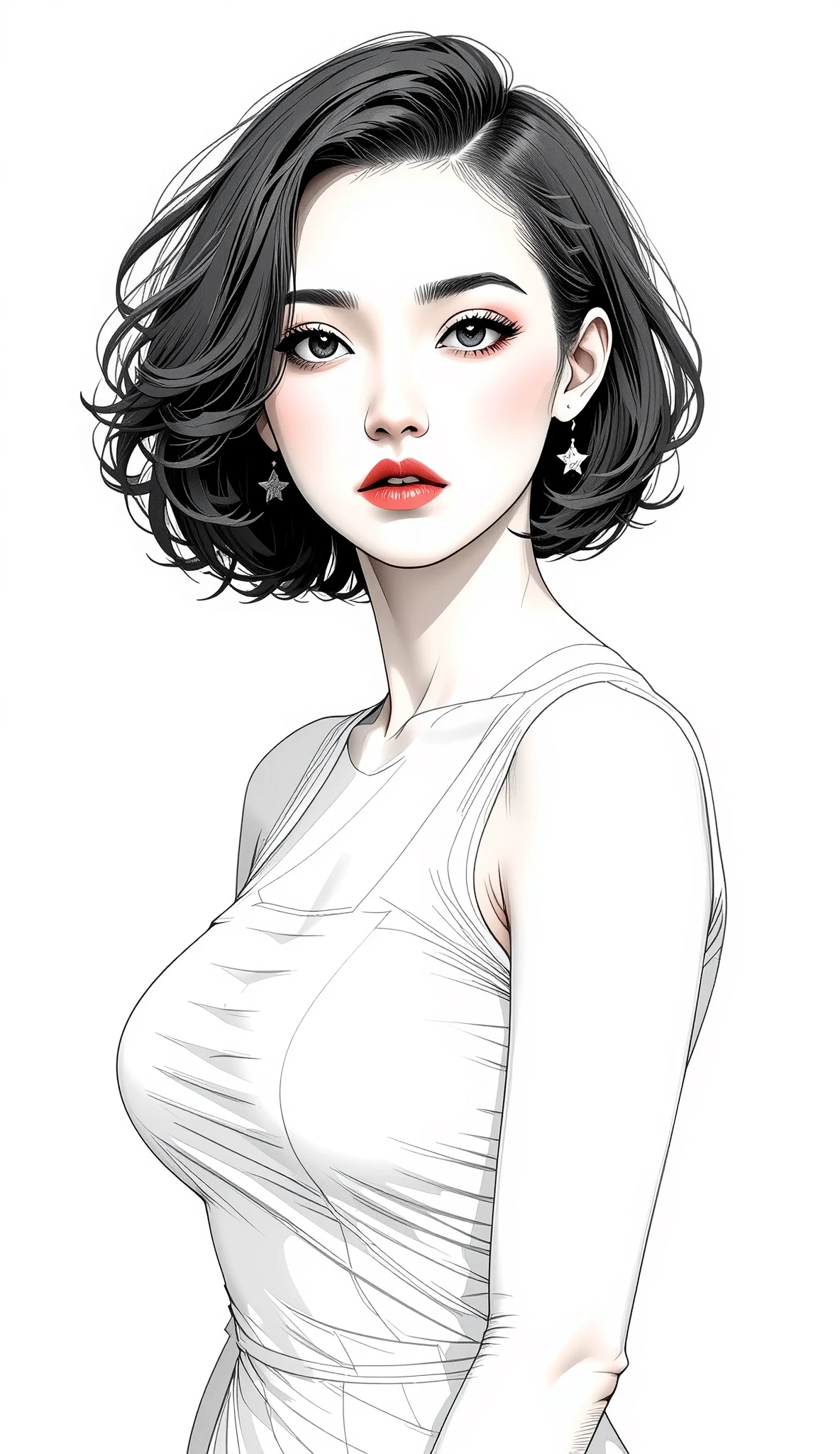 master piece:1.5、(minimal art, line drawing), woman、Black and white art:1.2、lips are red、Black and white world、silence、An ennui look、Densely drawn