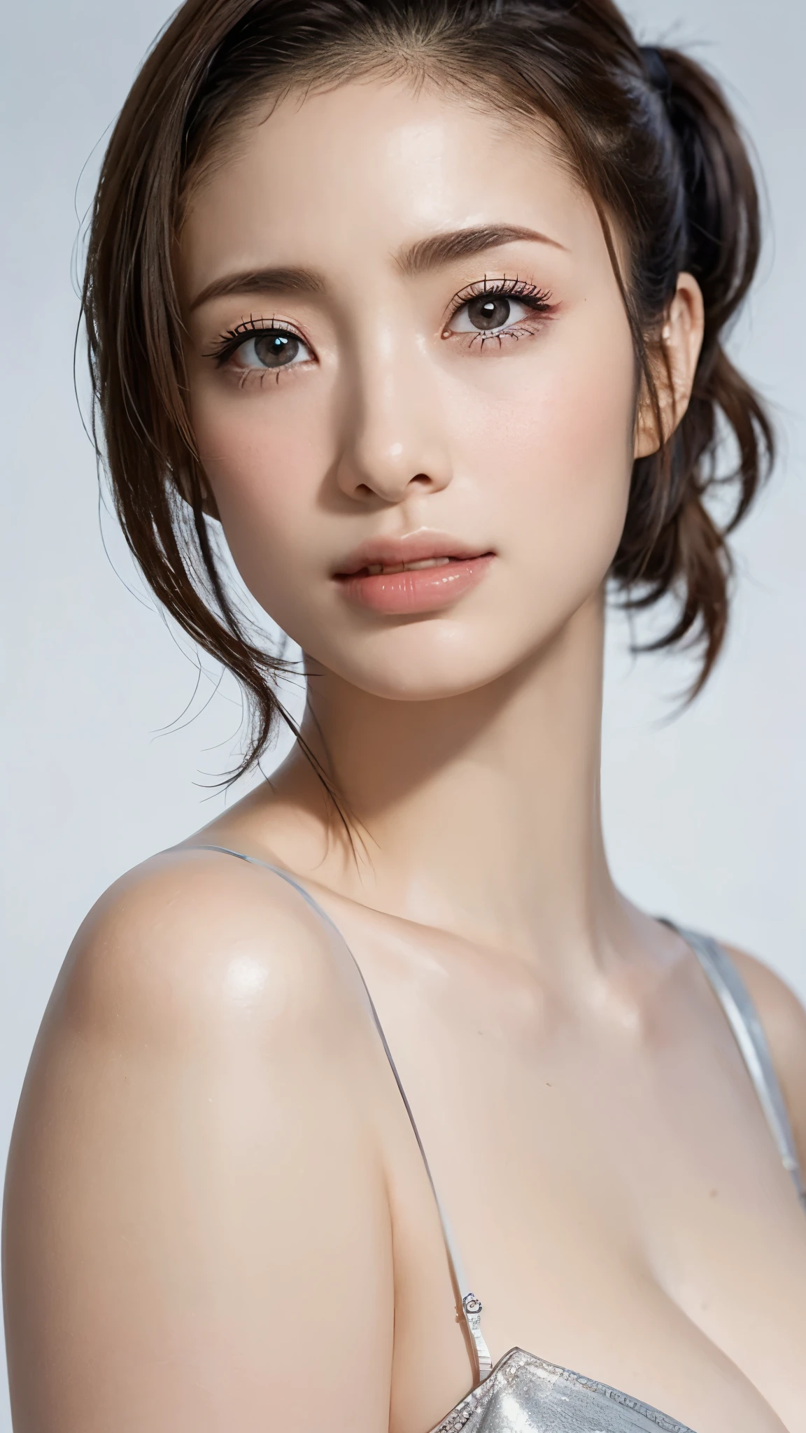 (masterpiece:1.3), (In 8K、 super high definition、 Ultra Fine、 in ultra high quality、超Realisticな、 best quality), (realistic - photo ), HIGH DEFINITION RAW COLOR PHOTO, professional photography, Natural sunlight, Soft Shadows, (Realistic: 1.4), 30歳の women play 、1 person, ( high definition face and skin texture, beautiful eyes, shiny skin, oily skin, Strong gloss), perfect anatomy, Poster, Volumetric Lighting , ( face close-up:1.1), ( and stare at the viewer), charming face, (Makeup is、none), (Squint your eyes:1.1, Open Lips:1.1), women play 、Has a troubled expression, Silver glasses , detailed eyes, dark eyes, Shining Eyes, Black eyelashes, Detailed eyelashes, beautiful alignment of teeth, Black Hair, detailed hair , ( ponytail hair that opens legs), anatomically accurate breasts, big size, saggy breasts, Deep cleavage, natural neck length with a cross-shaped iris, beautiful back, Slim waist