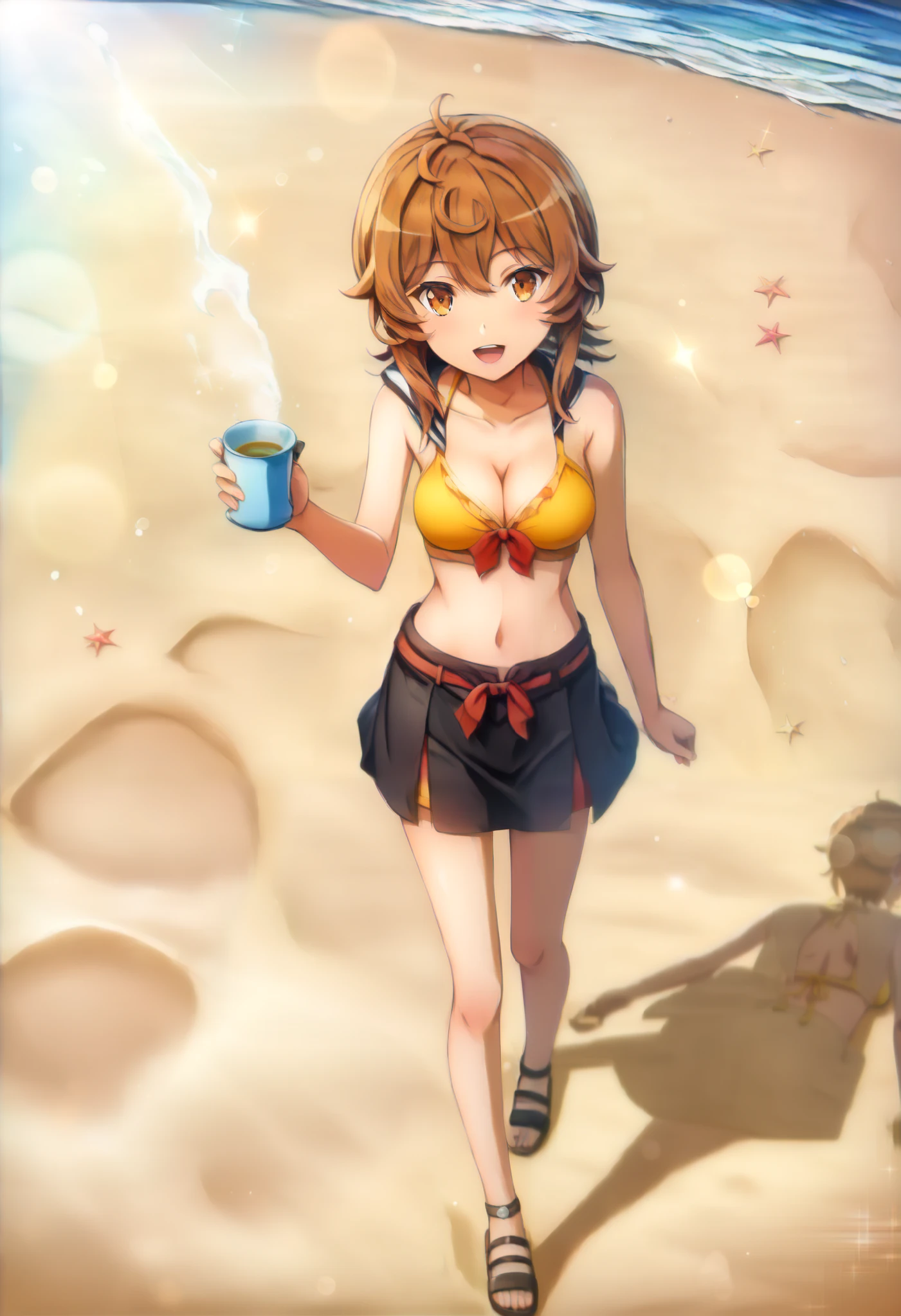 Irohaisshiki, isshiki iroha, short hair, Brown Hair, (Brown eyes:1.5),Open your mouth,clavicle,smile,Straw hat,Bikini Swimwear,barefoot,A long, thin skirt wrapped around the waist,belly button,abdomen, Dancer, gold belly Dancer,whole bodyがイラストに入るように,Strolling on the sandy beach,
break outdoors, Beach,
break looking at viewer, whole body,
break (masterpiece:1.2), Highest quality, High resolution, unity 8k wallpaper,, (shape:0.8), (Beautiful attention to detail:1.6), Highly detailed face, Perfect lighting, Highly detailed CG, (Perfect hands, Perfect Anatomy),