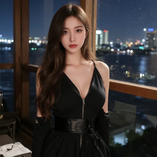 full hd 8k, Girl standing in front of a dark night scene, full moonlight reflecting on her beautiful face. Her long, silky hair was gently blown by the night wind, creating a gentle and romantic feeling. She is walking on a large beach. She looked up at the starry sky, as if searching for something, her eyes showing a pensive and lonely look. The full moon shines in the night sky creating a beautiful scene. The girl has long, strands of hair,  Light blonde hair, a luxurious and noble beauty. The moonlight shines on the girl's delicate face, highlighting her large, round light brown eyes, creating a natural, gentle beauty. She wore a mini dress to create a sexy beauty. These images capture detailed panoramic portraits and views of the sky and sea. All create a beautiful, wonderful picture that makes people unable to take their eyes off the scene. All of these details are depicted clearly and sharply,