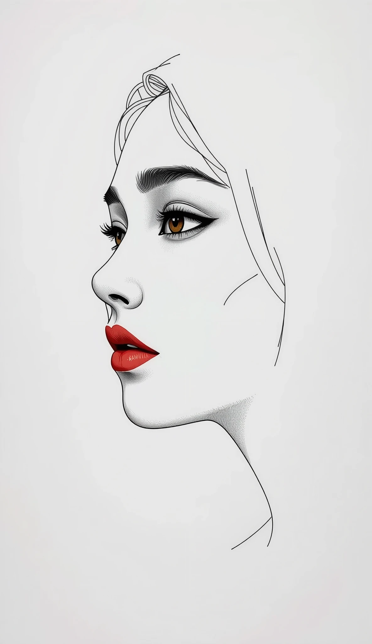 master piece:1.5、(minimal art, line drawing), woman、Black and white art:1.2、lips are red、Black and white world、silence、An ennui look、Densely drawn