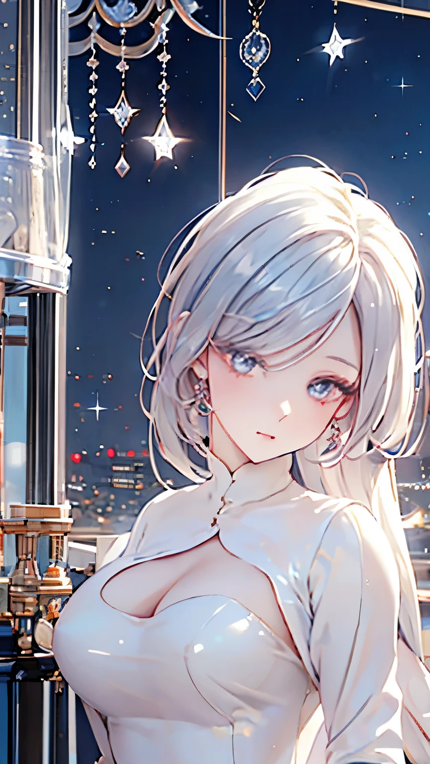 masterpiece, coffee, cafe owner,white hair girl,pale diamond eyes, starry eyes, pale eyes, myth, fantasy, magic, mana, in tower, beautyful , cafe background, masterpiece ,nice post, boss, queen personality, cool face