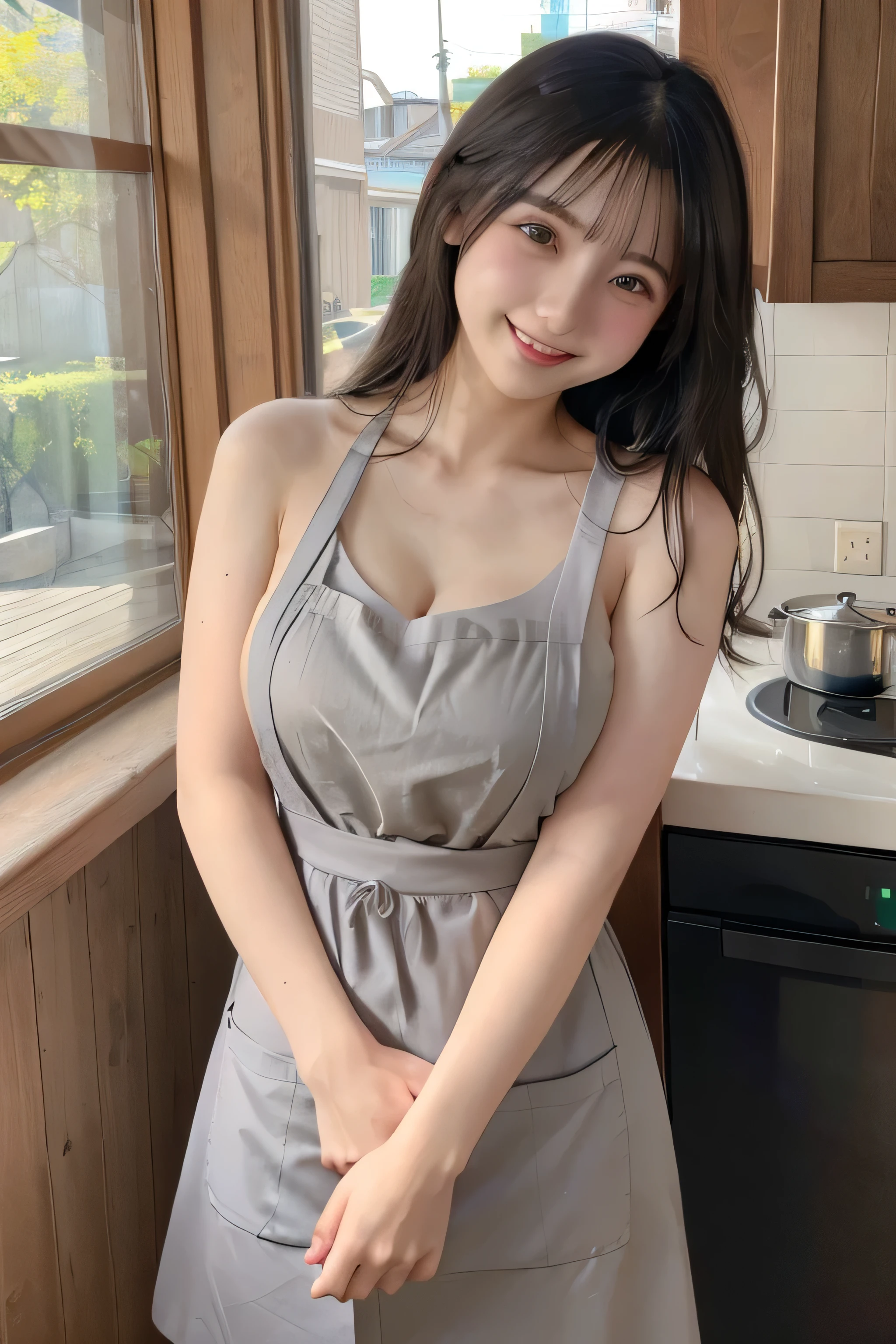 table top, highest quality, figure, super detailed, finely, High resolution, 8k wallpaper, 完璧なダイナミックな構figure, beautiful and fine eyes, (dress),medium hair, Same as, natural color lip, random sexy poses, big and full breasts、smile, earrings, 20 year old girl,naked apron,kitchen