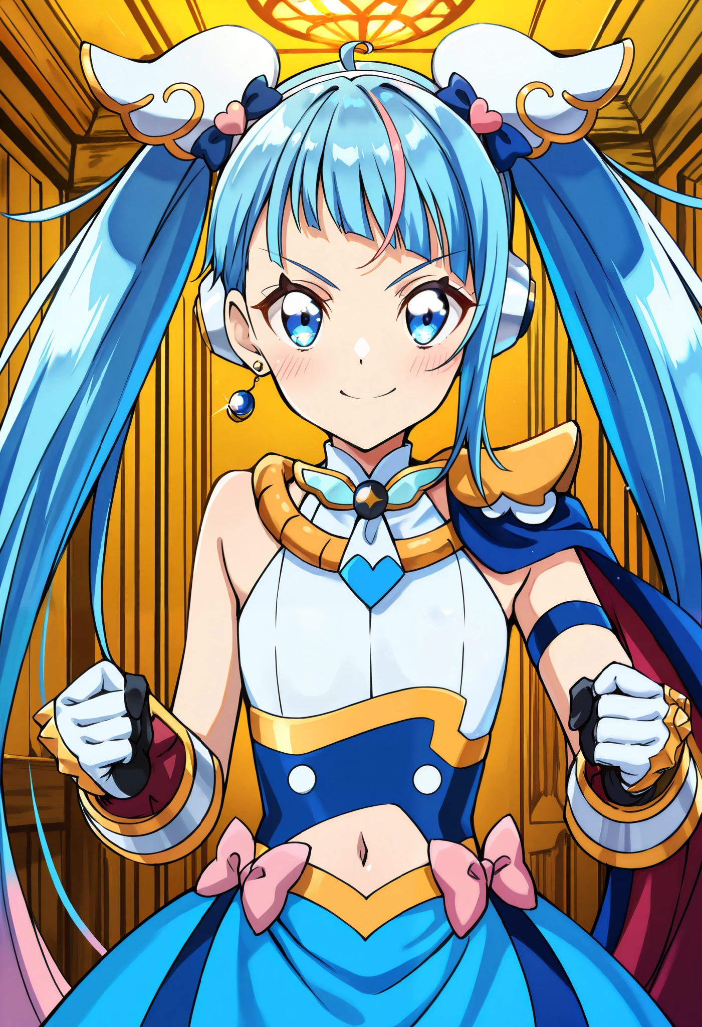 absurd, (absurd_resolution), masterpiece, best quality, (best illustration), (best shadow), ultra-High resolution, score_9, score_8_up, score_7_up, BREAK source_anime, 1girl, solo, perfect body, shiny skin, shiny skin, perfect eyes, detail1eye, well-defined fingers, well-defined fingernails, anime style, indoors, upper body, (portrait:1.5), looking at viewer, facing viewer, smile, blush, curesky, flat chest, hair ornament, earrings, brooch, multicolored clothes, cape, heart, blue skirt, pink bow, blue eyes, symbol in eye, multicolored hair, blue hair, twintails, very long hair, pink hair, open mouth, cowboy shot, scarf, headgear, navel, headphones, bodysuit, gauntlets, fighting stance, clenched hands,