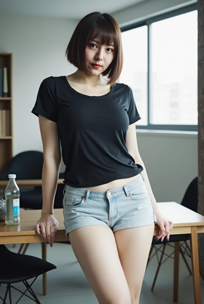 A boldly composed photograph of a Japanese woman that looks like it was taken by a famous artistic photographer, (((Blockbuster art photography)), (8k, Highest quality). A stunning composition using a model with excellent proportions. Perfect beauty model with a confident and balanced appearance, ((Highest quality質)), ((masterpiece)), (Familiar:1.4), ((Highest quality質のリアルな写真)), ((Shot with Hasselblad)), ((Best photo quality)), Beautiful womanの画像,Super Resolution,Slim and perfectly proportioned, Beautiful woman, ((Highest quality質, 8k, masterpiece: 1.3)), Beautiful woman, 1 female, Slim figure: 1.1, Perfect beauty, 20-year-old, (Realistic: 1.4), Ahegao, Shining Sweat, thin, Art photo composition with space around the woman, See through, (((Filming in a spacious studio))), (((The background is only gray and there is nothing.))), Full body photo, Anatomically correct hand, Anatomically correct legs, anatomically correct whole body, Marble room, White T-shirt and hot pants. Cowboy Shot, (((Holding your crotch with your hand))). Spread your legs,
