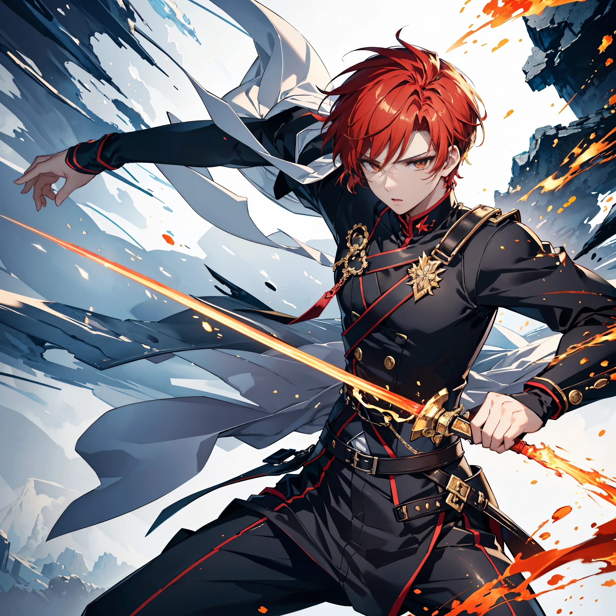 masterpiece, best quality, short undercut hair, delicate eyes, ultra-detailed, ((male, handsome male, sharp golden eyes, androgynous face, short undercut bright red hair)), golden eyes, mysterious appearance, muscular, wearing disheveled black shirt, black skinny pants, red dual swords, dual-handed sword stance, precise sword stance, swordsmanship posture, sword master, dynamic pose, battle stance, cloudy sky background, detailed anime style illustration, intense expression, aura of hidden power, flames and sparks, extremely detailed, strong shadows, ash, ice, ink wash painting, ink splashing, color splashing, action lines, motion blur, dramatic lighting, sword reflection