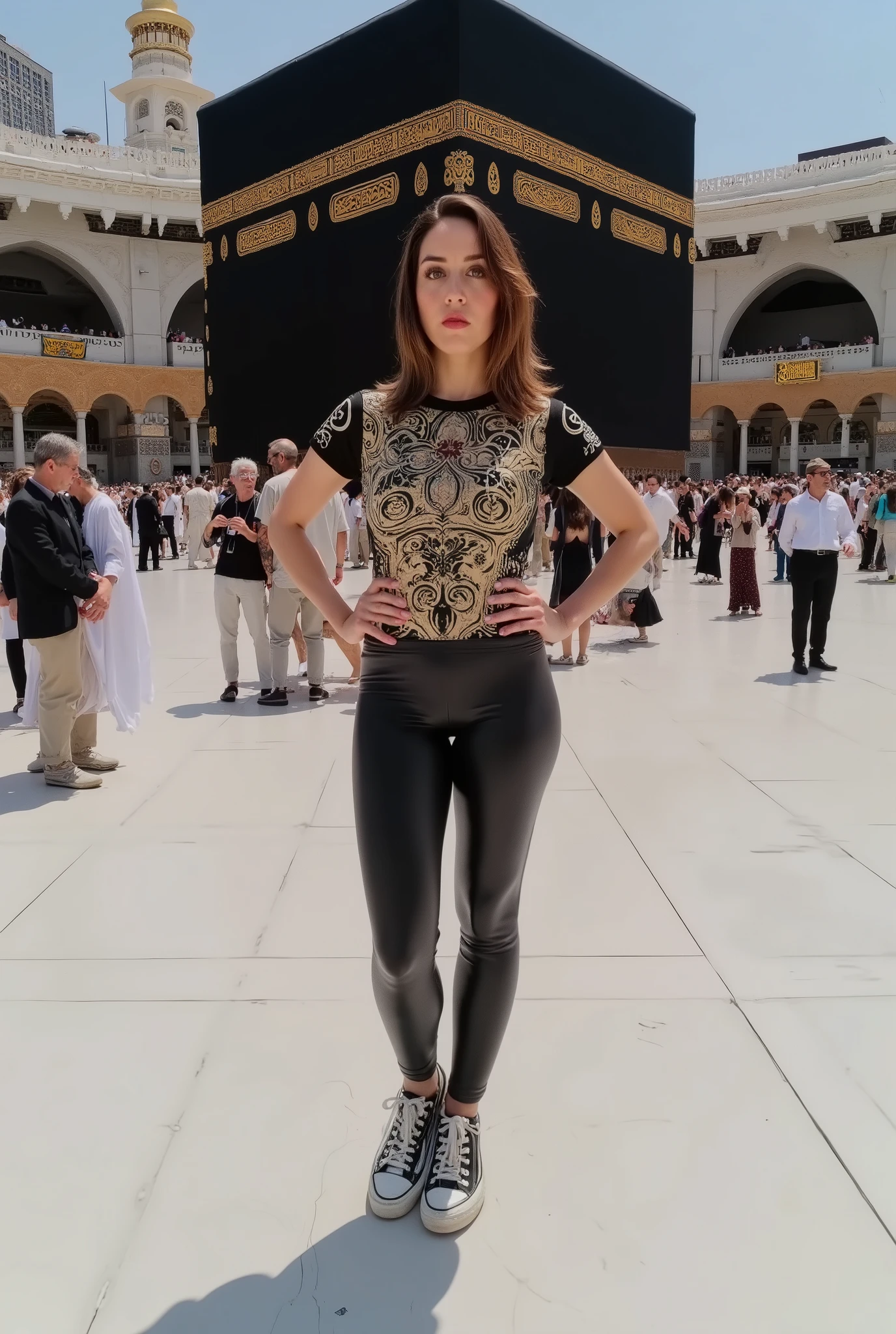 Aubrey Plaza taking a sluty selfe for her onlyfans, she is exposing her body in front of the holy kaaba, realistic and detailed face and body, including tall nice legs and sneakers, beautiful woman, detailed body, masterpiece, milf style, Ultra detailed and realistic 8k beautiful model, hourglass body, She wears tight spandex that accentuate her curves and a tiny loose t-shirt with an open line that shows her expxosed boobs, sexy, photorealistic, muslim calligraphy patterns on her outfit, Fuck you, Real Bonnie Rotten, real picture in front of the holy kaaba.
