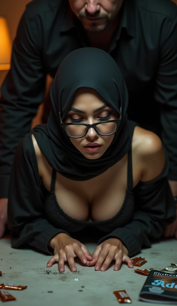 (1 mature girl), 48 years old, sitting on a chair in an office, ((wearing hijab)), wearing white long shirt, wearing fabric long pants, shot from above, wearing niqab, wearing mouth cover
