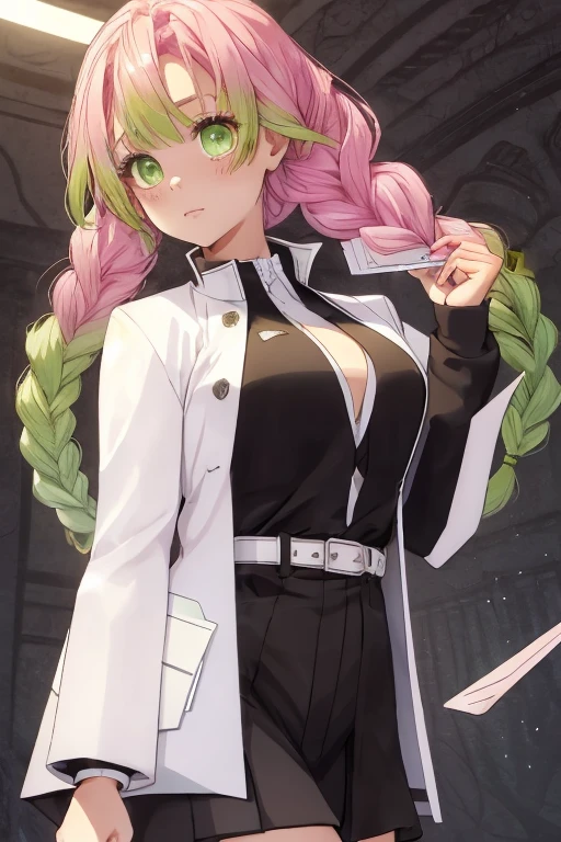 1 chica, Mitsuri Kanroji ( Kimetsu no Yaiba) , pantalones ajustados, Camisa negra y negra, bolsa de tenencia , dentro de un tren, de pie,