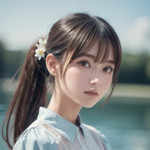 Highest quality、masterpiece、Portrait、Super detailed、White shirt、A girl with short hair tied up in one ponytail、Outdoor、Blurred Background、The background is blurred、