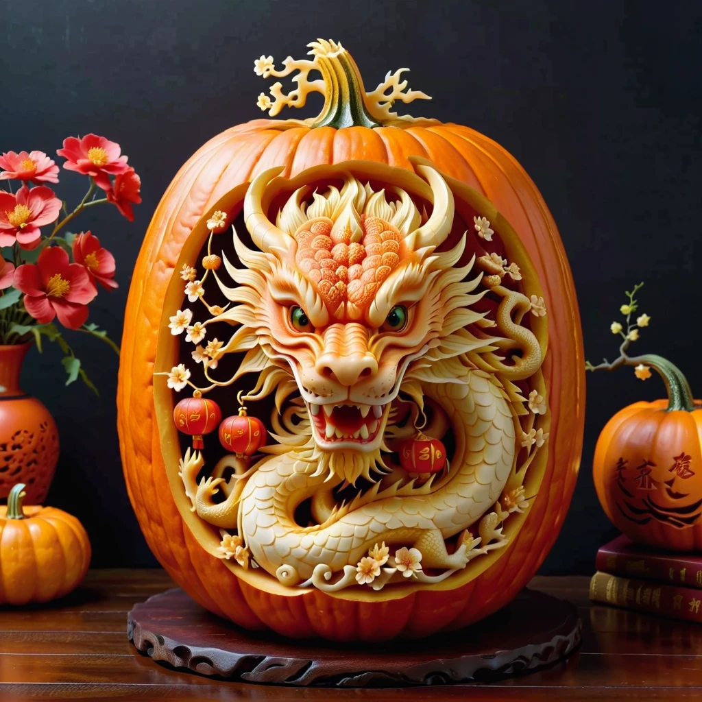 (Inside the pumpkin  carved a Chinese dragon and a cute child:1.3), Charming and Delightful Pumpkin Carving，a big pumpkin，It  engraved with a child and a Chinese dragon，Children wearing traditional Chinese clothes，smiling，Holding a small lantern，standing playfully、Next to the friendly Chinese dragon。Dragon scale snake shape，with red lantern、fireworks、Plum blossoms intertwined with other festive elements，Symbolizes joy and prosperity。The whole scene  filled with enthusiasm、Happy new year celebration atmosphere，Full of color and life