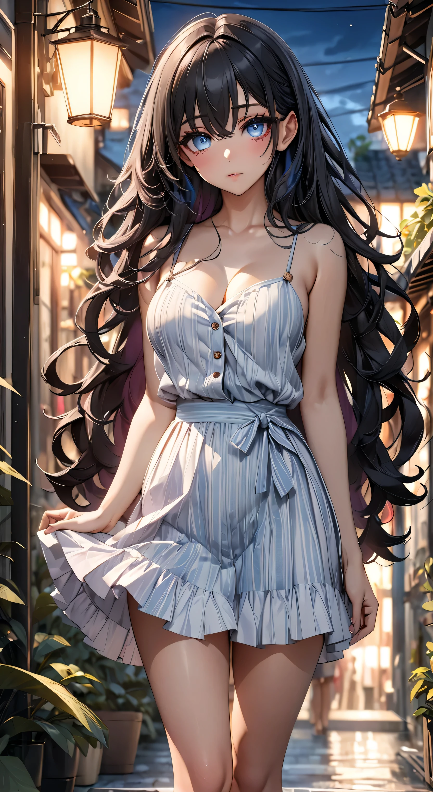 Full body, (perfect anatomy), Mastepiece、Ultra High Quality、 8k、masterpiece、Best Quality、Ultra-high resolution、Maximum resolution、Very detailed、Professional Lighting、anime、woman、thin、so beautiful、(((Highly detailed eyes)))、(((Very beautiful eyes)))、Highly detailed face、Black Hair,、Pink Eyes, , Long Hair, curl inside hair, Summer outfit