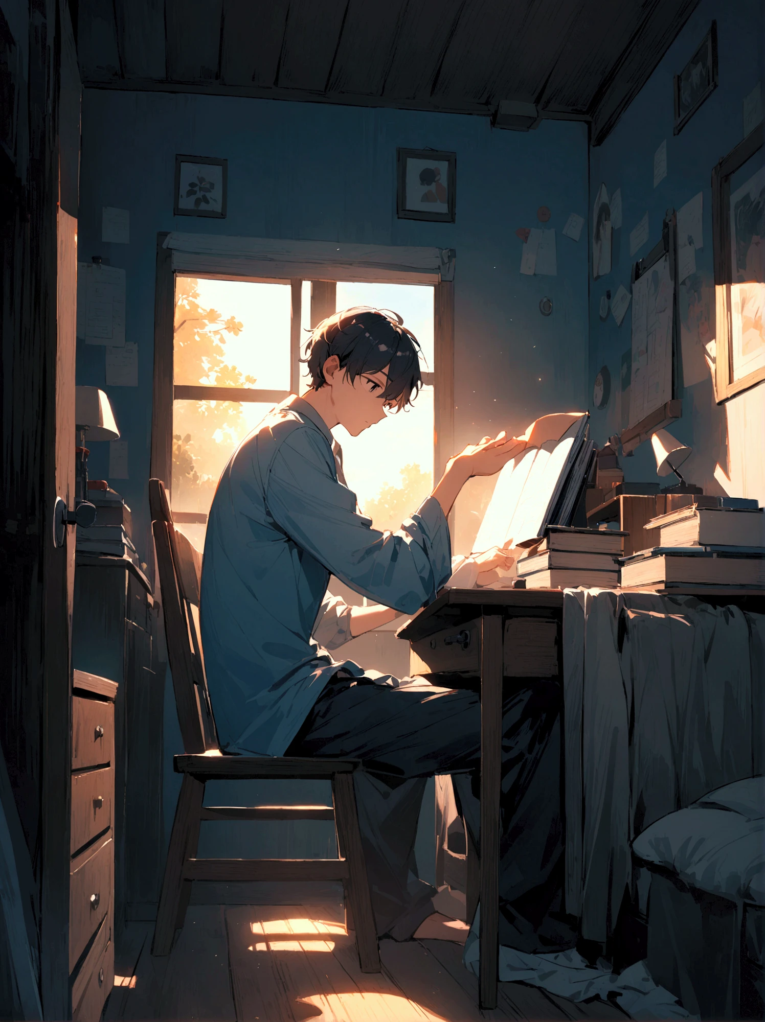 Illustrate a scene where a person is writing or composing a song in a dimly lit room, with the person’s name or image framed on the desk. The setting includes musical instruments, sheet music, and an atmosphere filled with creativity and emotion. The person's face reflects deep love and dedication as they work.