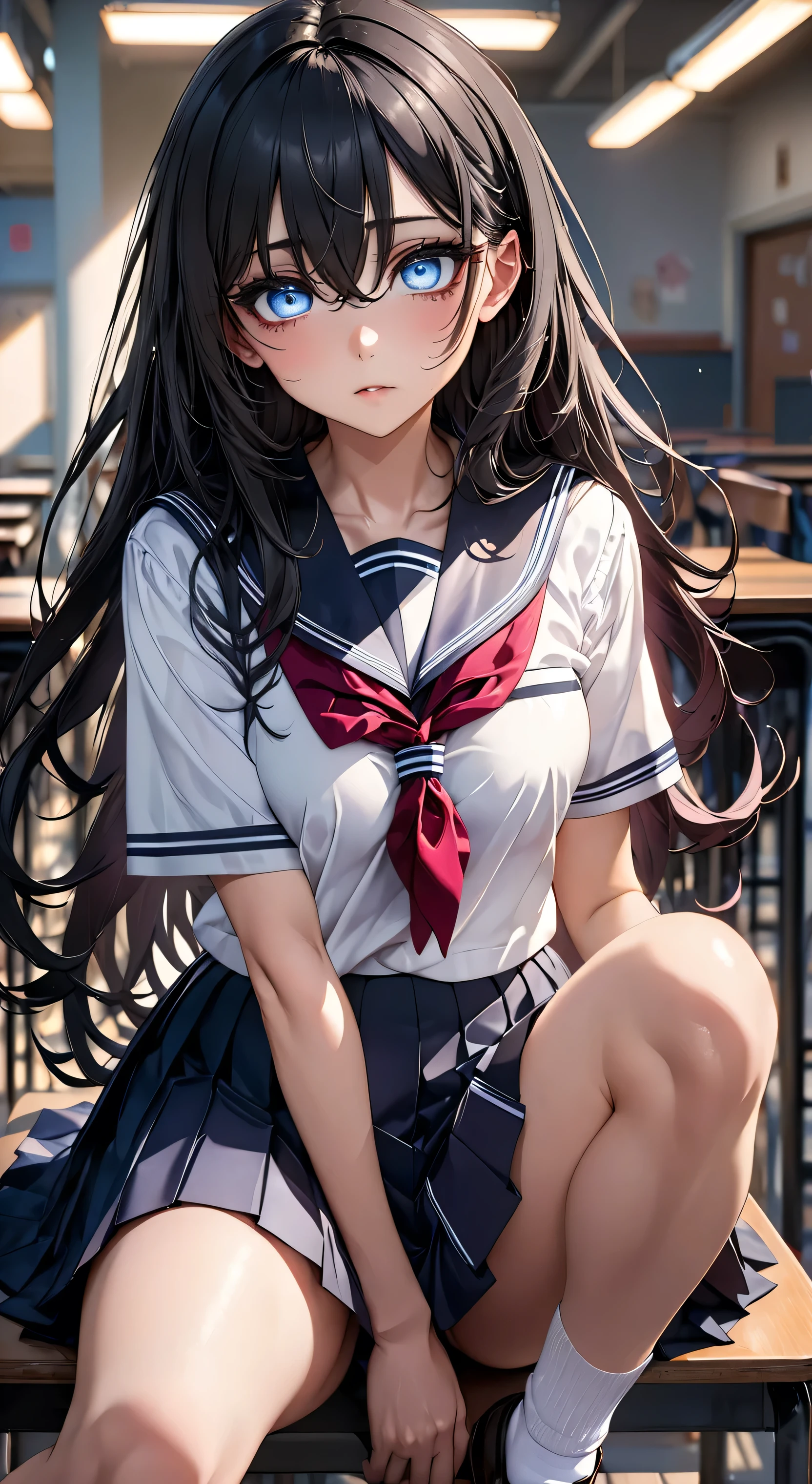 Full body, (perfect anatomy), Mastepiece、Ultra High Quality、 8k、masterpiece、Best Quality、Ultra-high resolution、Maximum resolution、Very detailed、Professional Lighting、anime、woman、thin、so beautiful、(((Highly detailed eyes)))、(((Very beautiful eyes)))、Highly detailed face、Black Hair,、Pink Eyes, , Long Hair, curl inside hair, (High School Uniform:1.4)