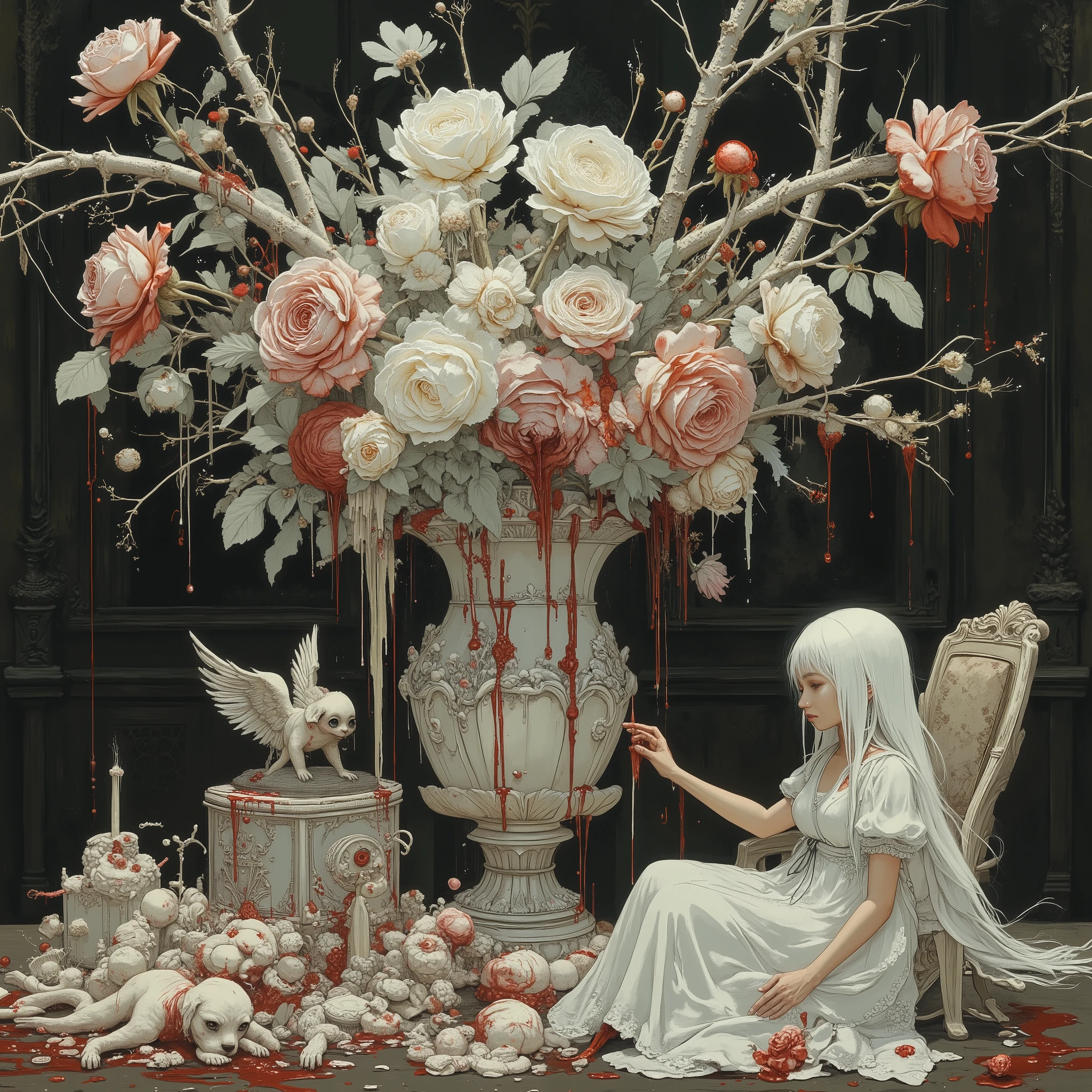 This is aesthetic art. A beautiful woman in a white dress, like a doll, is sitting on a chair, and a vase on the table is creating a flower art with a motif of Red and white marbled roses,dripping blood. A woman\(with long white hair as beautiful as silk, wearing a white dress, and a goddess-like atmosphere, her expression is very happy, but at the same time, her expression is calm as she goes about her daily life\), a flower art of a collection of white roses with dark red liquid on them, each petal is absurdly beautiful, the flower art is placed in the center of the composition, and the woman reaches out to the flower art from the side. Dark red liquid is attached in large quantities to the rose flowers, petals, woman's hands, and the woman's dress, and the liquid flows to the ground, this is an abstract painting of the food chain, a food web. Dark red liquid is in a puddle on the table. A very quiet and peaceful living room background. This is Brutal Art. Creatures lying happily on the ground\(parts of a once-living dog, parts of a once-living cat, parts of a once-living snake, parts of a once-living angel, parts of a once-living devil, parts of a once-living human\), the living are happily enveloped in red, crimson liquid. The rose squeezes the lifeblood out of the once-living objects. A very happy and sacred ritual. This is aesthetic art. Women's daily life, aesthetic art, flow of energy and matter in an ecosystem, aesthetic art, very realistic Brutal Art, aesthetic art, sustaining the life of the entire planet, aesthetic art, symbol of a psychopath, aesthetic art, aesthetic art, aesthetic art, concept of life and death