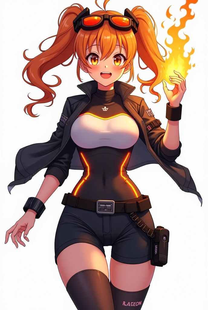 mii gunner, 1girl, solo, breasts, looking at viewer, bangs, large breasts, simple background, brown hair, gloves, white background, medium breasts, closed mouth, standing, jacket, full body, boots, open clothes, belt, pants, hand up, medium hair, black eyes, open jacket, parted bangs, cosplay, bodysuit, shadow, expressionless, black pants, knee boots, clenched hand, buckle, cropped jacket, legs apart, belt buckle, black bodysuit, brown belt, yellow jacket, no pupils, grey gloves, yellow footwear, orange footwear, orange gloves, yellow belt <lora:mii_gunner-01:1>