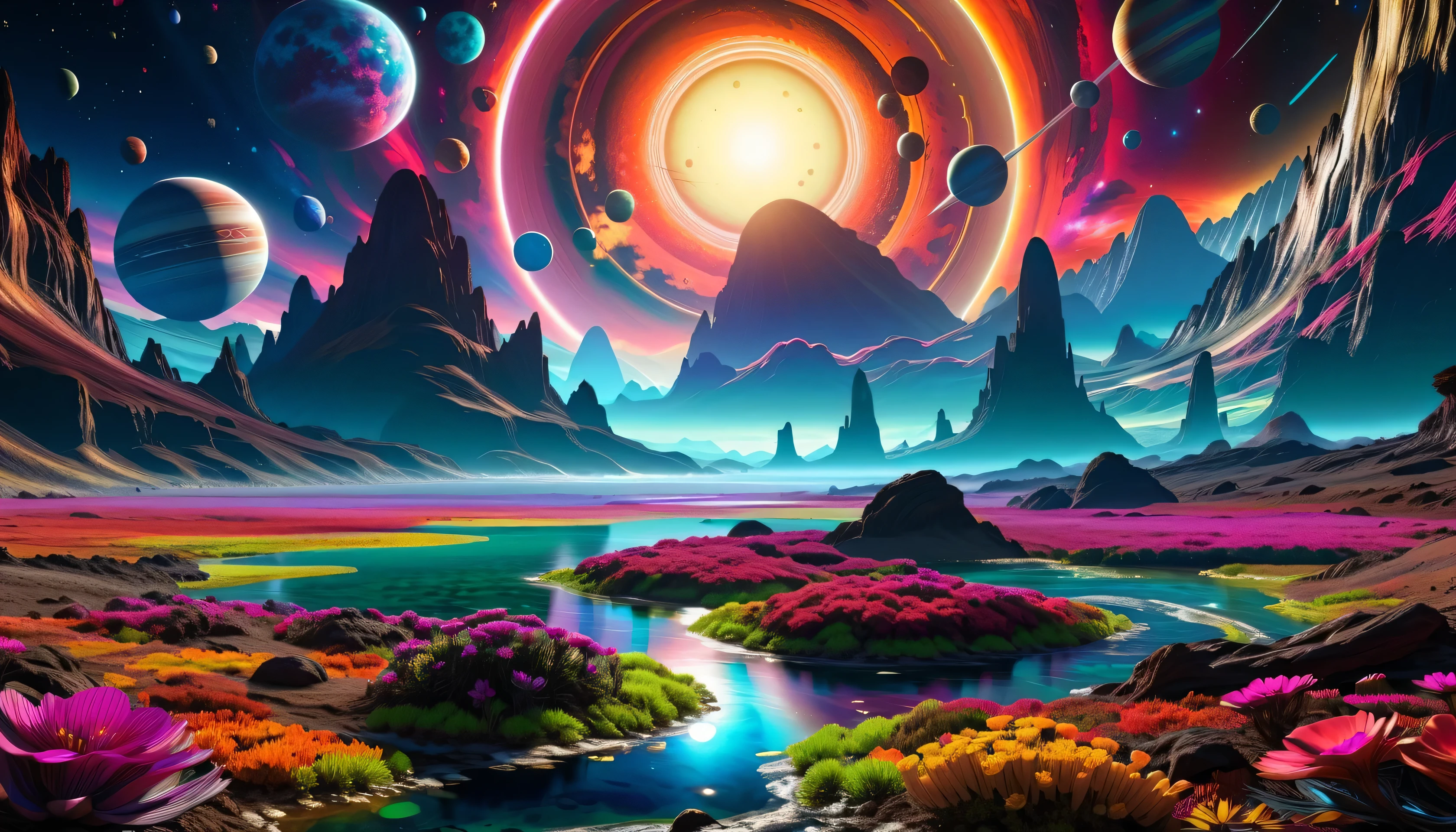 colorful picture , depicts a river and planets shining in the sky, in an colorful Alien Planet , Alien Paradise, Alien Planet , on another planet , super realistic space , another planet , in an Alien Planet , Psychedelic Landscape, on a Alien Planet , on an Alien Planet , on another planet , a surreal alien kingdom , psychedelic flower planet , dark neon universe