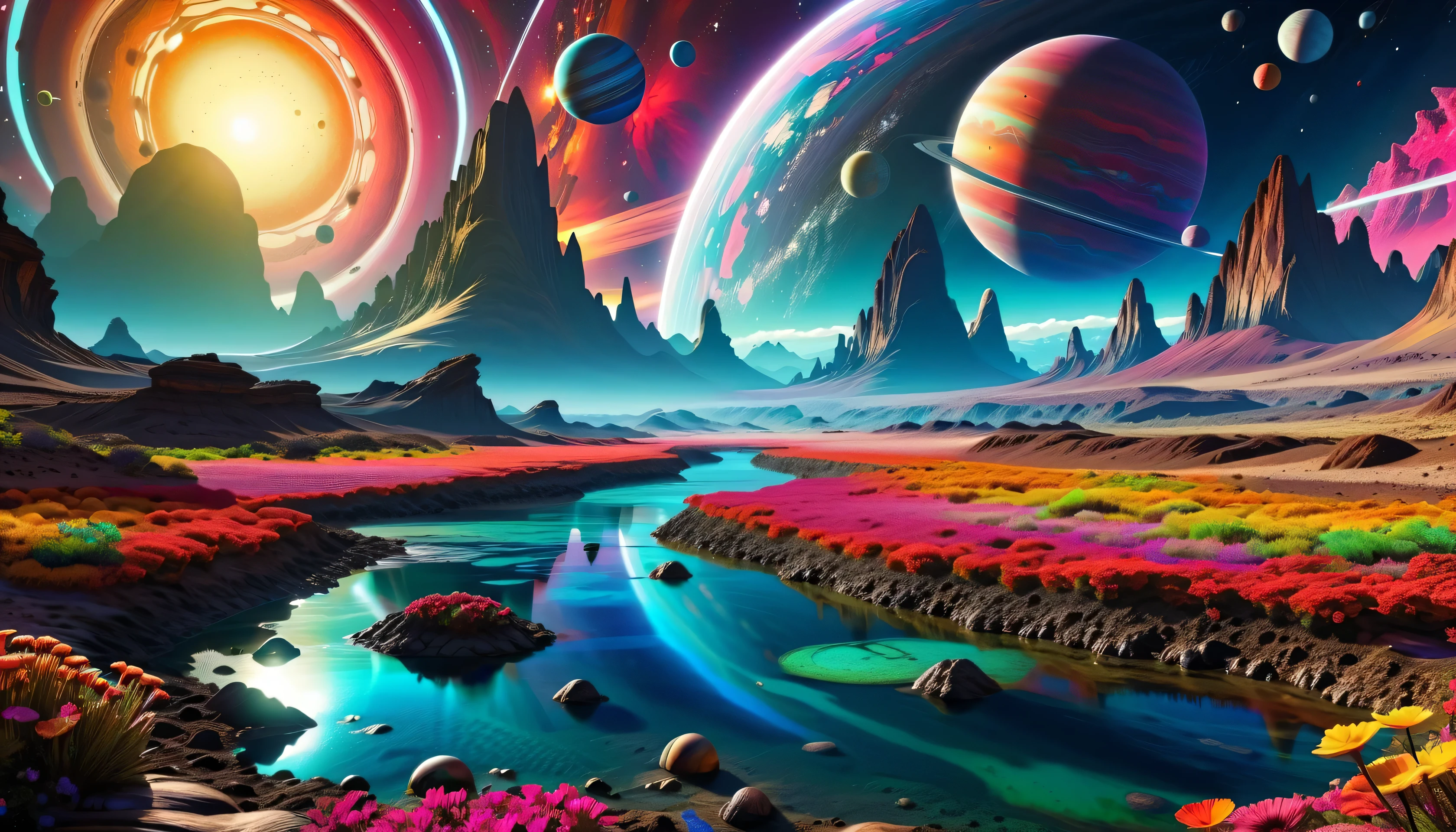  colorful picture ， depicts a river and planets shining in the sky, in an colorful Alien Planet , Alien Paradise, Alien Planet , on  another planet ,  super realistic space ,  another planet , in an Alien Planet , Psychedelic Landscape, on a Alien Planet , on an Alien Planet ,  on another planet ,  a surreal alien kingdom ,  psychedelic flower planet ,  dark neon universe 
