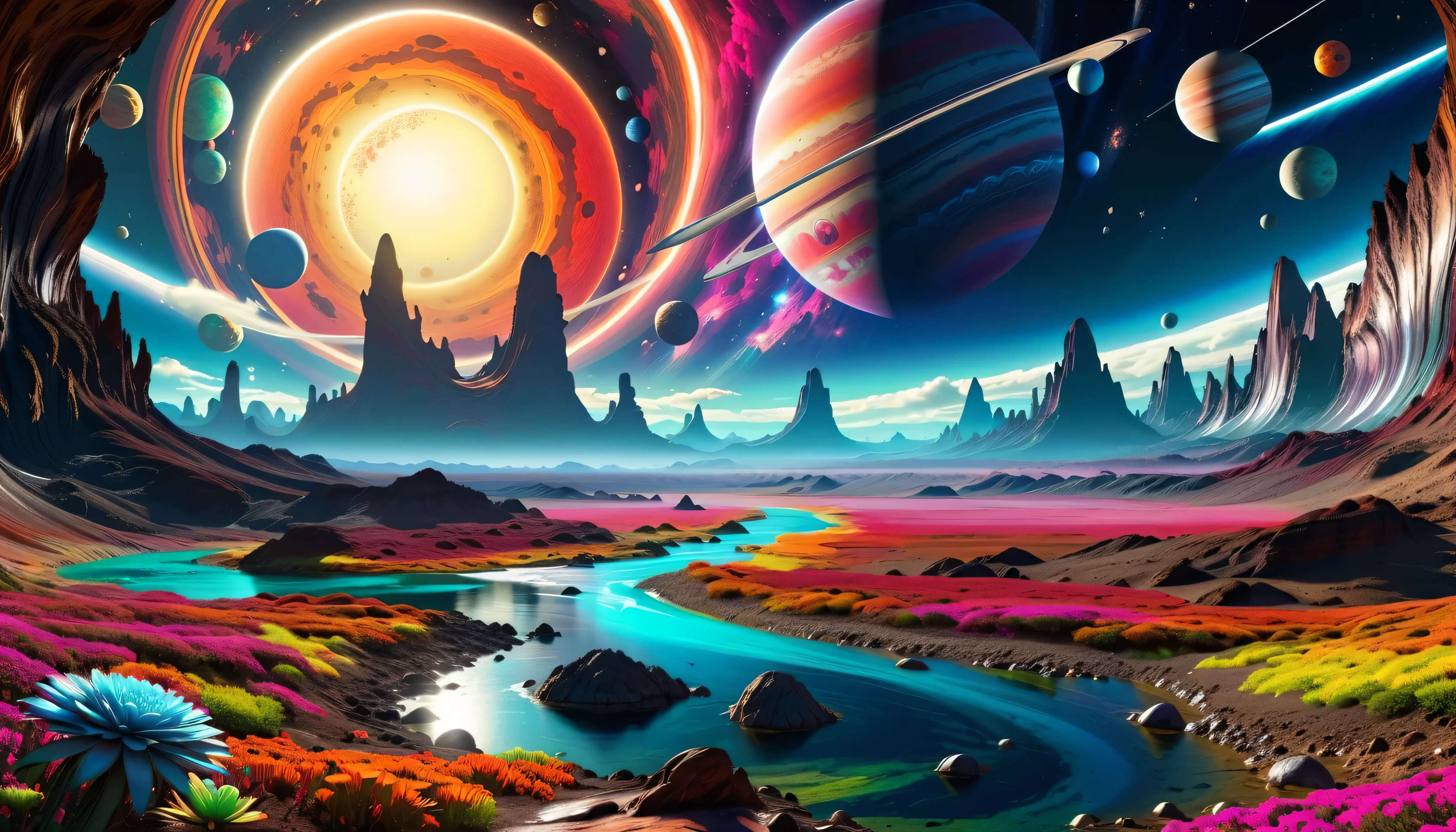  colorful picture ， depicts a river and planets shining in the sky, in an colorful Alien Planet , Alien Paradise, Alien Planet , on  another planet ,  super realistic space ,  another planet , in an Alien Planet , Psychedelic Landscape, on a Alien Planet , on an Alien Planet ,  on another planet ,  a surreal alien kingdom ,  psychedelic flower planet ,  dark neon universe 