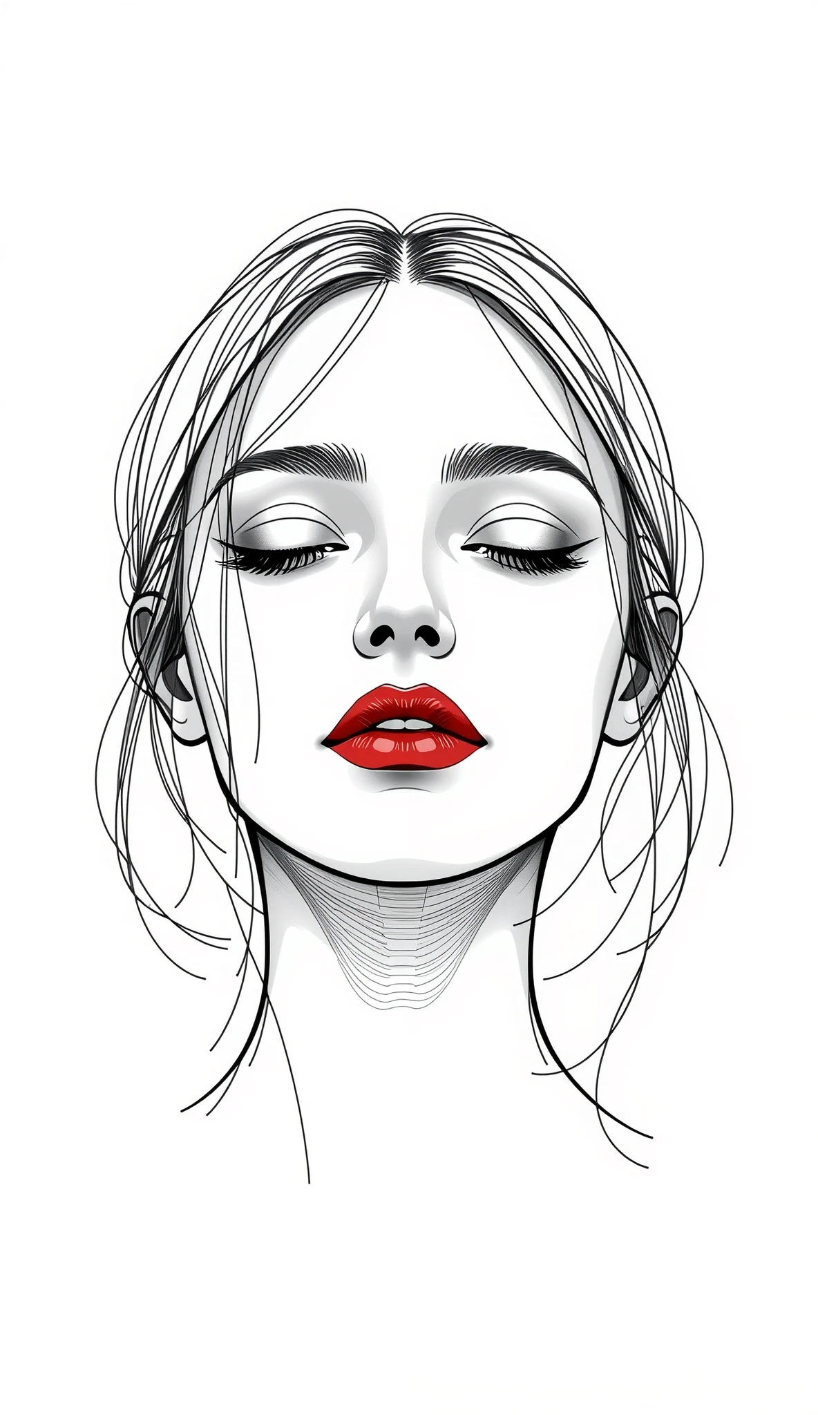 master piece:1.5、(minimal art, line drawing), woman、Black and white art:1.2、lips are red、Black and white world、silence、An ennui look、Densely drawn