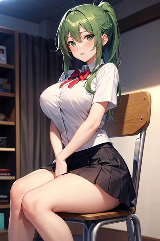 Chica anime sexy, 18 years old, dark green hair and eyes, hair tied in a ponytail, wearing a high school uniform, short skirt , sitting on a chair, stage in a room , big breasts, sexy legs , beautiful body
