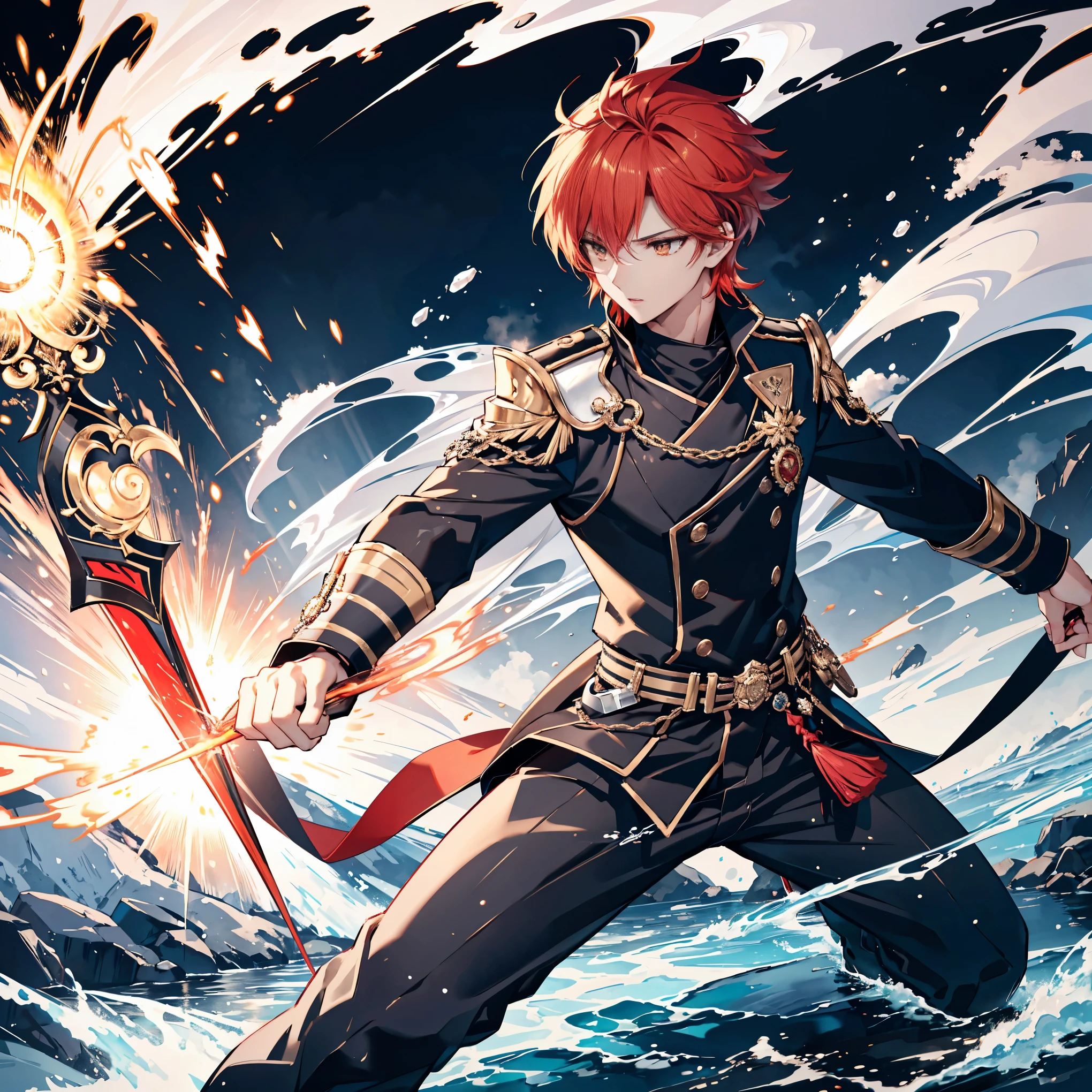 masterpiece, best quality, delicate hair, delicate eyes, ultra-detailed, ((male, handsome male, sharp golden eyes, androgynous face, bright red hair)), golden eyes, mysterious appearance, muscular, wearing disheveled black shirt, black skinny pants, red dual swords, dual-handed sword stance, precise sword stance, swordsmanship posture, sword master, dynamic pose, battle stance, cloudy sky background, detailed anime style illustration, intense expression, aura of hidden power, flames and sparks, extremely detailed, strong shadows, ash, ice, ink wash painting, ink splashing, color splashing, action lines, motion blur, dramatic lighting, sword reflection