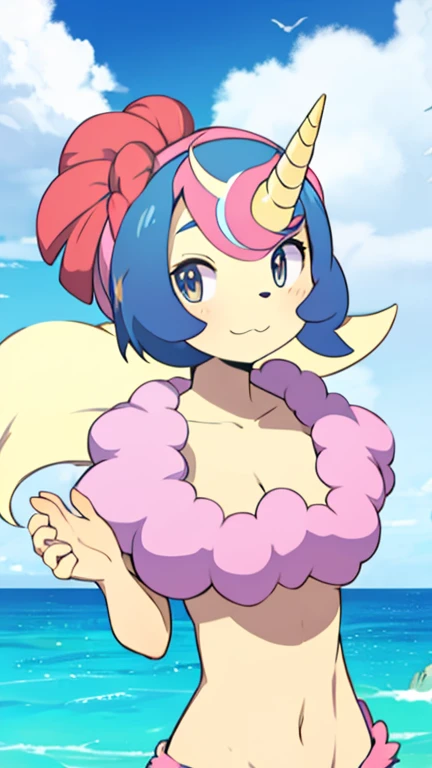 <lora:vitzypieaxol-06:0.9>0.9girl, pink hair, colored skin, pink skin, solo, short hair, breasts, tail, smile, pink eyes, monster girl, medium breasts,
