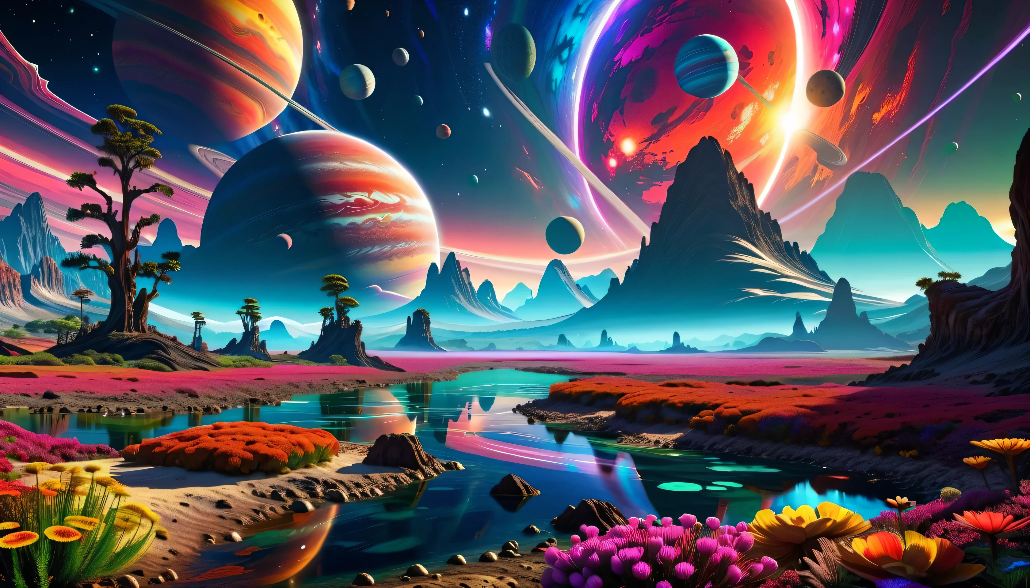  colorful picture ， depicts a river and planets shining in the sky, in an colorful Alien Planet , Alien Paradise, Alien Planet , on  another planet ,  super realistic space ,  another planet , in an Alien Planet , Psychedelic Landscape, on a Alien Planet , on an Alien Planet ,  on another planet ,  a surreal alien kingdom ,  psychedelic flower planet ,  dark neon universe 