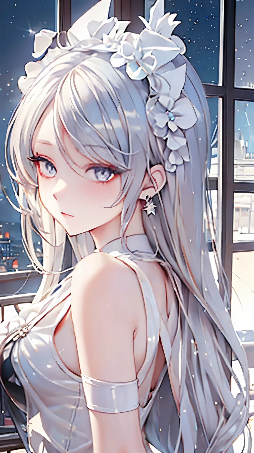 masterpiece, coffee, cafe owner,white hair girl,pale diamond eyes, starry eyes, pale eyes, myth, fantasy, magic, mana, in tower, beautyful , cafe background, masterpiece ,nice post, boss, queen personality, cool face