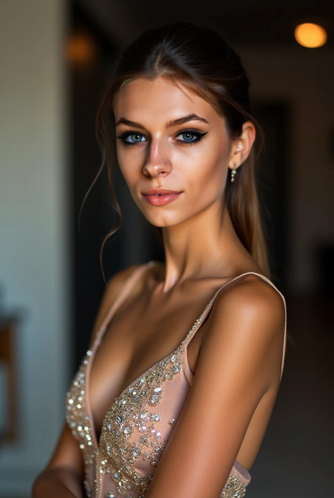 arafed woman with black sexy dress, sexy girl with blue eyes, portrait sophie mudd, brown hair and large eyes, violet myers, natural makeup, looking directly at the camera, subtle makeup, stunning full body shot, at the club , cleavage