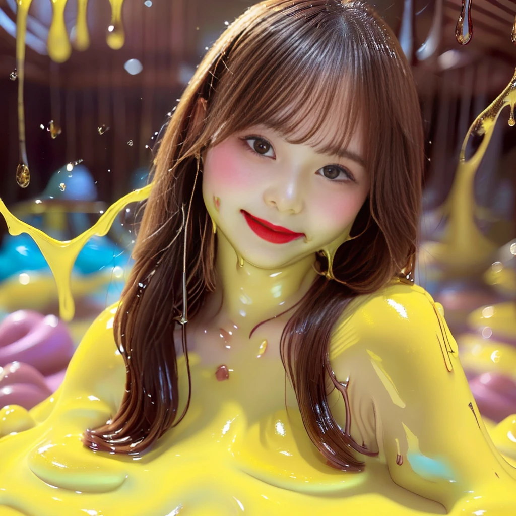 (hight resolution,masutepiece:1.2),Ultra-detailed,(Realistic:1.37),Portrait,Slime Girl,covered in yellow slime, (partially transparent), (Wet with water), (Yellow sweat), Slimy yellow liquid dripping from her body. Her hair is also covered in yellow slime. yellow slime scatters, blonde hair, yellow eyes