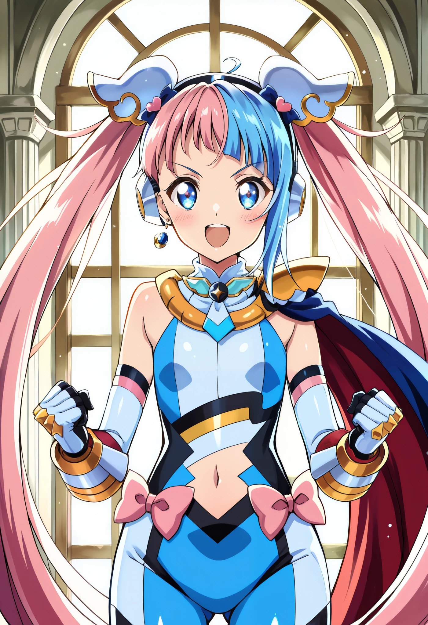 absurd, (absurd_resolution), masterpiece, best quality, (best illustration), (best shadow), ultra-High resolution, score_9, score_8_up, score_7_up, BREAK source_anime, 1girl, solo, perfect body, shiny skin, shiny skin, perfect eyes, detail1eye, well-defined fingers, well-defined fingernails, anime style, indoors, upper body, (portrait:1.5), looking at viewer, facing viewer, smile, blush, curesky, flat chest, hair ornament, earrings, brooch, cape, heart, pink bow, blue eyes, symbol in eye, multicolored hair, (blue hair), twintails, very long hair, pink hair, open mouth, cowboy shot, (scarf, headgear, navel, headphones, bodysuit, gauntlets), fighting stance, clenched hands,