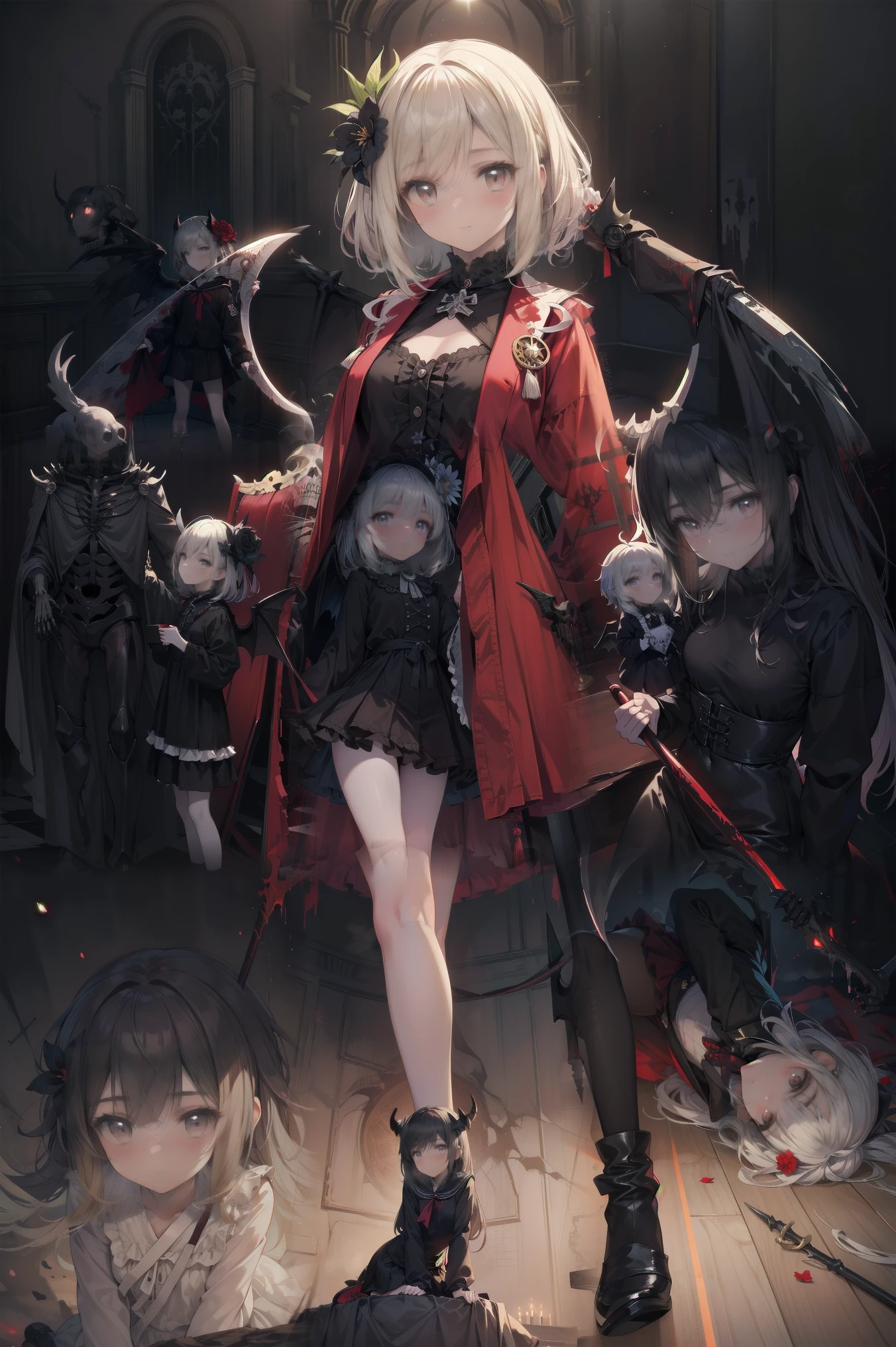 Masterpiece, best quality , high resolution,( best quality ,4K, high resolution,Masterpiece:1.2), tall Highly detailed , realistic :1.37,Masterpiece, best quality , (( Disgust))、 very angry、It was a shame、 30 megapixel , woman, beautiful, elegant , smile, , iridescent long hair, bangs, skirt , shirt, Long Sleeve, frills, shoes, (Red Black:1.3), flower, creepy, horror, head蓋Bones, long hair, black hair, Cles, hair flower, Dead, hair ornament, Bone, doll, head蓋Bone, skeleton, horror (Theme), creepy altar background,dark fantasy,Red Scheme , creepy atmosphere ,Eye を引く,story,anatomy, anime style, concept art , a beautiful face with attention to detail (((赤いEye ))),A terrifying ritual ,Satan's Ritual ,Premature death,Improper behavior, Smile ,Scythe Face, Girl Monster , beautiful, Delicate Facial Features, 鋭いEye , Sharp fangs, 青 white skin, blondes, robot ,Cursed Painting, dark background , Cinema Lighting, dramatic shadow , Gothic, dark atmosphere, dark fantasy, One Girl, , opens her mouth wide and , Open your mouth baring your teeth,Sharp teeth like a beast, Wide lips, very big mouth, red cheeks ,,Scary smile, smile,Fallen angel design, Twisted smile、、CrossBones, head蓋Bone, Horror, cream colored hair, gray hair, Pearly Hair, Nice Boy , Devilhorn , loose clothing, Larger clothes, dark red Eye , Eye の下のたるみ, dark circles under Eye , Dark cute, fluffy hair , Full hair, skinny , slim, very skinny , Hermaphrodite, cute, creepy, short hair, horror, faded colors, white skin, creepy, Unnaturally thin, I'I am hungry, Eye , Eye in background, sharp Eye , Long Eye lashes, Under the Eye lashes, loose shorts, Lace Shirt , frills shirt, Tie the ribbon'head, Detailed clothing, loose fit cardigan inside, open cardigan , , that'Terrible, nightmare, Ghostly, stitch, Patchwork, string, Injury, hello, Injury on arms, self-harm, cut, Blackfingers, factory, ABoned, A dismembered ghost,Many heads,Many heads,Many Faces,Multiple Faces, Multiple Girls ,Frolicking Girl,Multiple women,tea , Smile , looks up at the ,Face shot,Scythe Face, Girl Monster , slave, beautiful, Detailed Portrait , Delicate Facial Features, 鋭いEye , Sharp fangs, 青 white skin, Thick Chain, dark background , Cinema Lighting, dramatic shadow , Gothic, dark atmosphere, dark fantasy, One Girl, , opens her mouth wide and , Open your mouth baring your teeth,Sharp teeth like a beast, Wide lips, very big mouth, red cheeks , Scary face, Laughter Witch design, Twisted smile、,CrossBones, head蓋Bone, , Horror Style, ((fantasy witch costume)), (( flowing white hair )), draw every detail of the ancient gothic library at midnight. expensive, Dark wood bookshelves reach to the ceiling, Lots of dusty ancient documents. The only light、The only light was from flickering cles scattered around the room., Cast long shadows. Decorative ladders hidden rooms scattered throughout, 、The fireplace burns quietly behind me... the room exudes a mystical atmosphere , paint a detailed picture of the ancient Gothic library at midnight ,