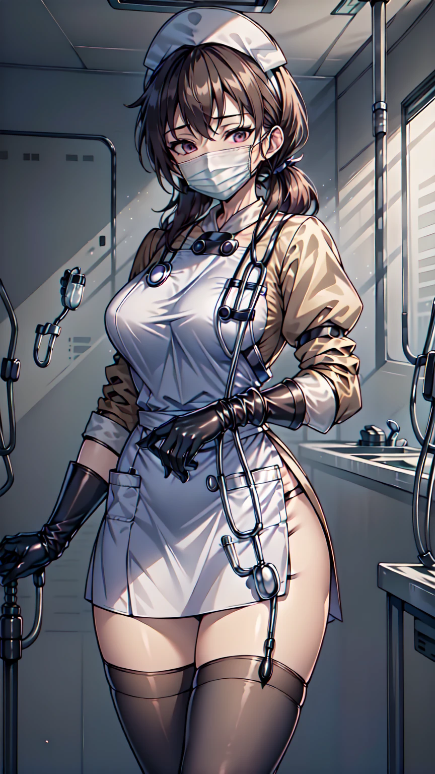 Nurse clothing with collar、I can see the cleavage、I'm wearing glasses