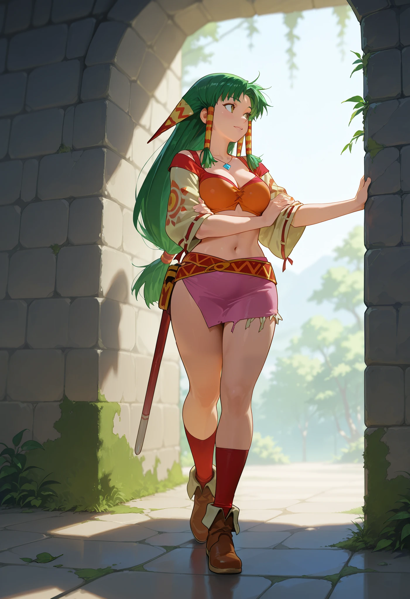 26 yo, face look alike to feena from \(Grandia\), Beautiful Mature young milf, (mature woman with lean perfection abdomen), breathless - amazed expression, large natural breasts, Curvy body, (holding a decorated shortblade with 1hand and another hand touch the ancient wall of inca ruin - exploring an ancient ruin in fantasy classic Grandia settings), walking, eyes on the wall - head tilting up, exploration scene, solo, 1girl, BREAK, She wears an orange bra top that leaves her abdomen exposed, paired with a short pink skirt held up by a thin red belt. Covering her arms is a tan-colored shawl adorned with red patterns on both sleeves. Her long green hair flows down her back, with some sections tied through two patterned hair accessories. She completes her ensemble with ripped red socks that extend past her knees and brown shoes featuring tribal patterns similar to those on her belt and shawl, official arts, (dynamic jrpg side view), fantastic fantasy vibrant background, eyes on the ancient ruin wall with moss, jrpg fantasy jungle, wide shot, (dynamic fullbody side view), cinematic angles,
