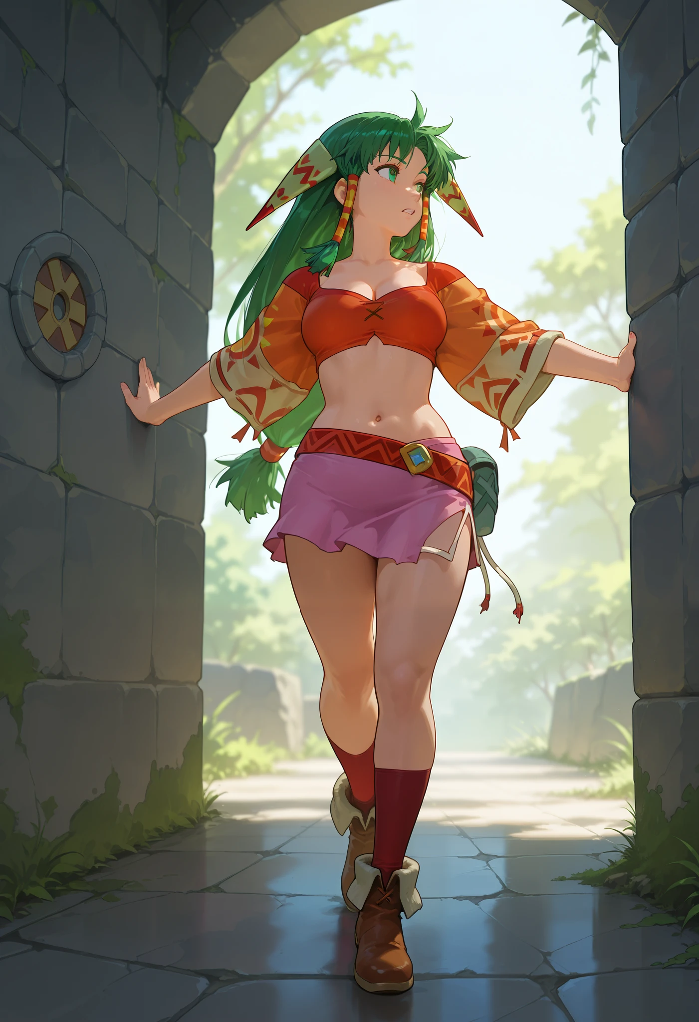 26 yo, face look alike to feena from \(Grandia\), Beautiful Mature young milf, (mature woman with lean perfection abdomen), breathless - amazed expression, large natural breasts, Curvy body, (holding a decorated shortblade with 1hand and another hand touch the ancient wall of inca ruin - exploring an ancient ruin in fantasy classic Grandia settings), walking, eyes on the wall - head tilting up, exploration scene, solo, 1girl, BREAK, She wears an orange bra top that leaves her abdomen exposed, paired with a short pink skirt held up by a thin red belt. Covering her arms is a tan-colored shawl adorned with red patterns on both sleeves. Her long green hair flows down her back, with some sections tied through two patterned hair accessories. She completes her ensemble with ripped red socks that extend past her knees and brown shoes featuring tribal patterns similar to those on her belt and shawl, official arts, (dynamic jrpg side view), fantastic fantasy vibrant background, eyes on the ancient ruin wall with moss, jrpg fantasy jungle, wide shot, (dynamic fullbody side view), cinematic angles,