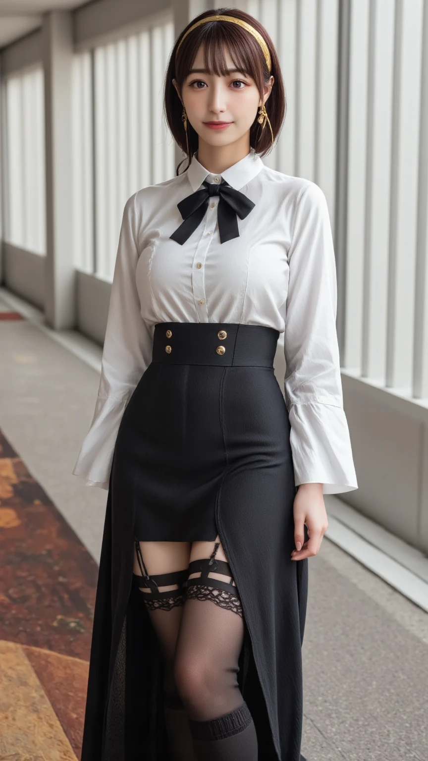 masterpiece, best quality, high resolution, 1After, Fujiwara Chika, maid dress, breast, Red belt, Bangs, large breast, Cowboy shooting, Smile, indoors, Sexy pose, Breasts exposed, maid, Ming Daofu, black maid dress, Apro, maid Apro, mini skirt, Socks, Socks, Put your hands behind your back,
