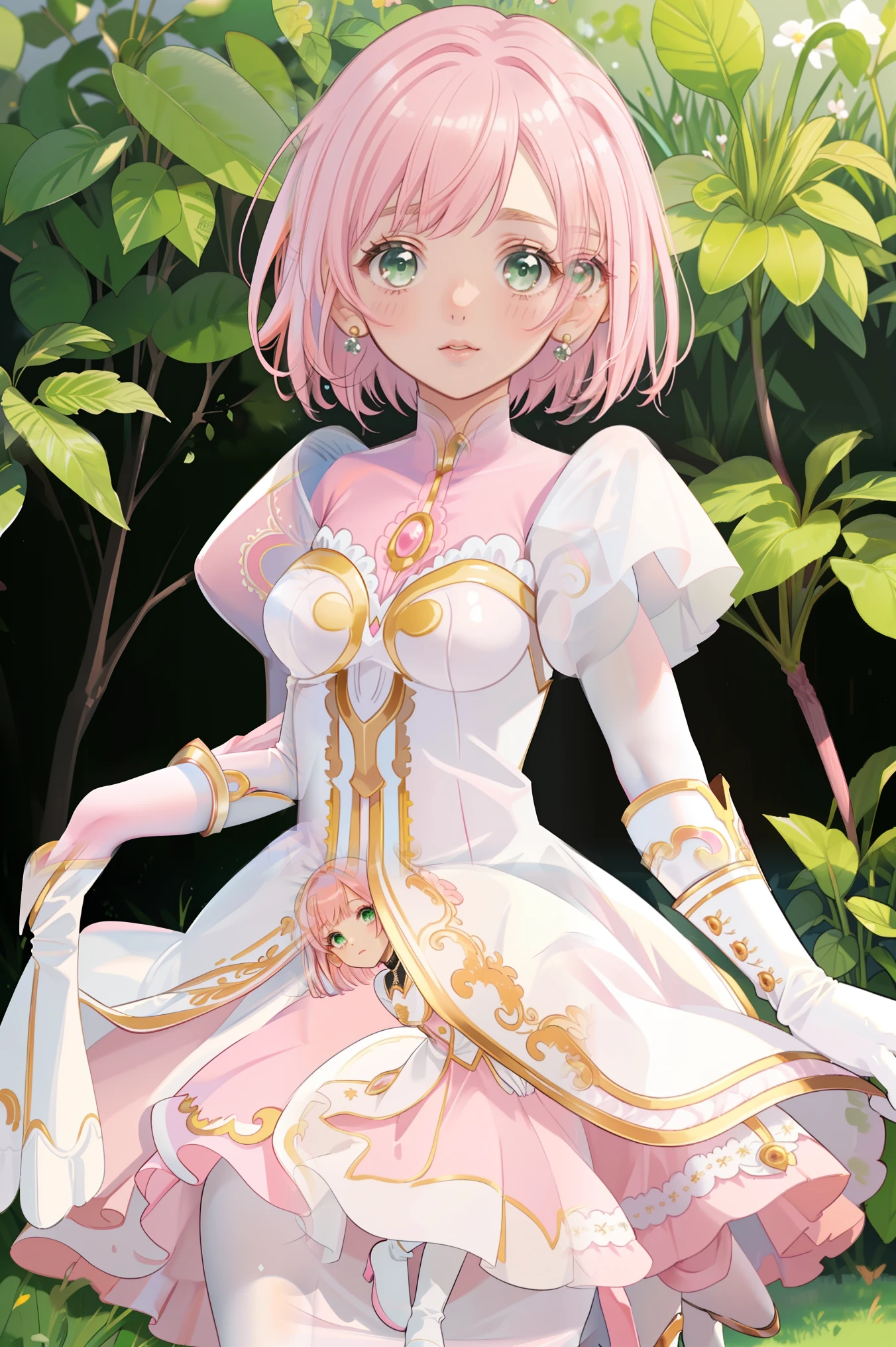 Masterpiece, best quality , Alone, One Girl,Esterlis Sidos Heurassein, pink hair , short hair, green eyes, small breasts, White and pink dress, glamorous dress , Pink Color, Pink Skirt , white boots , white gloves, ( black pantyhose , black legwear:1.1)whole body, little:5, is cute , (Beautifully detailed face), ( Beautiful Attention to Details), ( beautiful detail hair)