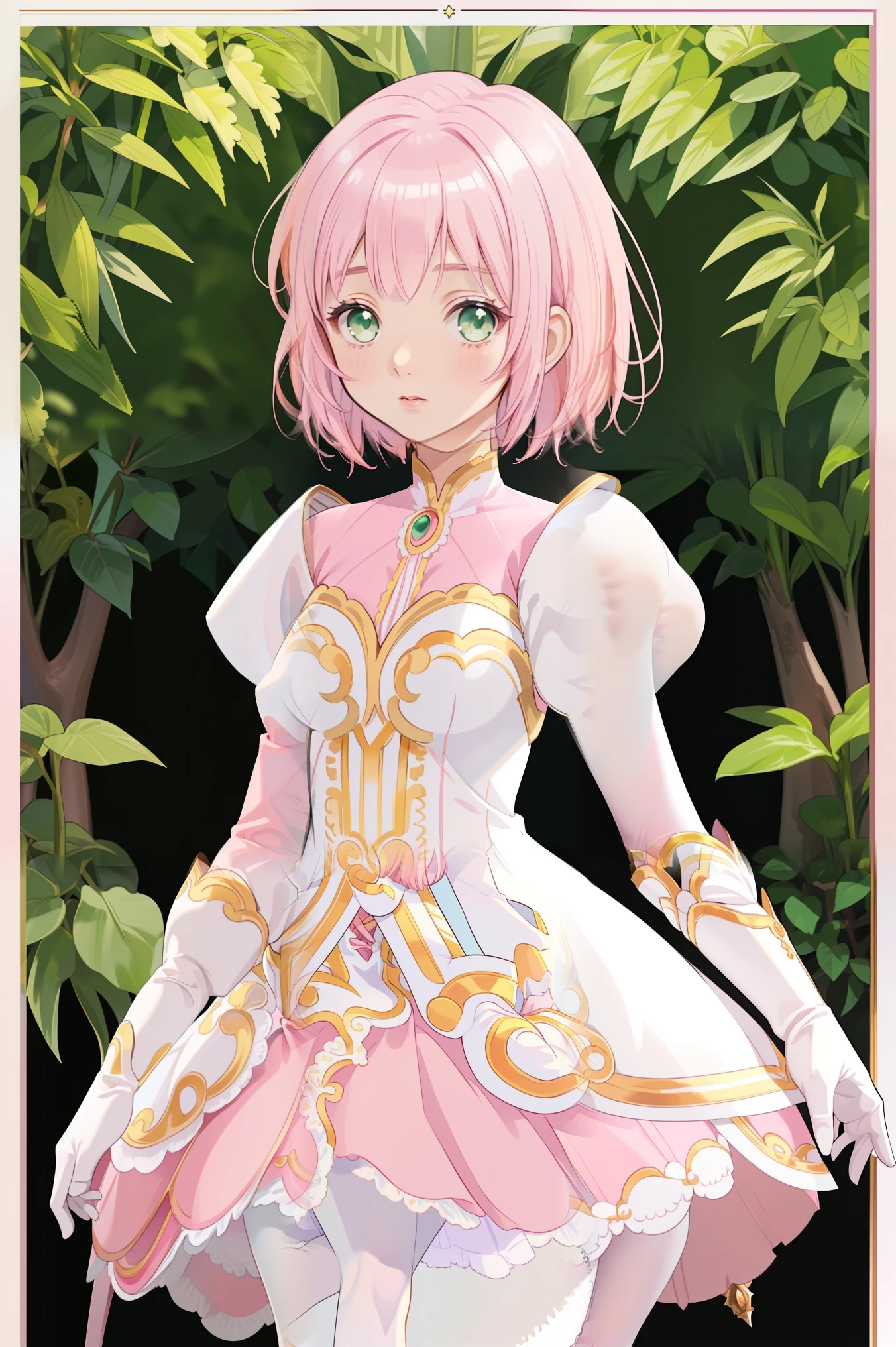 Masterpiece, best quality , Alone, One Girl,Esterlis Sidos Heurassein, pink hair , short hair, green eyes, small breasts, White and pink dress, glamorous dress , Pink Color, Pink Skirt , white boots , white gloves, ( black pantyhose , black legwear:1.1)whole body, little:5, is cute , (Beautifully detailed face), ( Beautiful Attention to Details), ( beautiful detail hair)