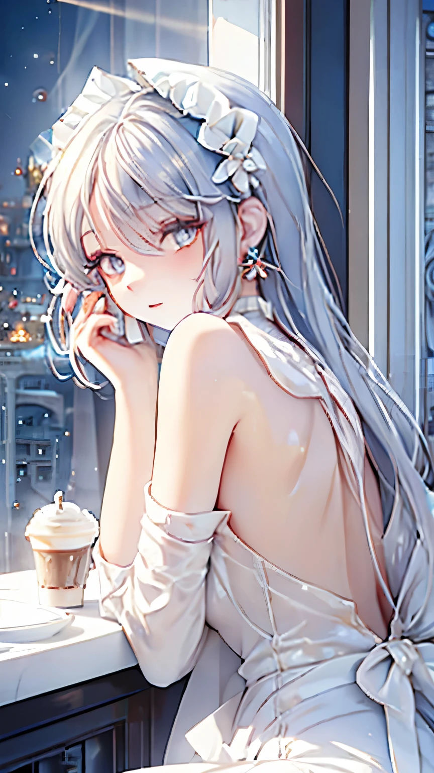 masterpiece, coffee, cafe owner,white hair girl,pale diamond eyes, starry eyes, pale eyes, myth, fantasy, magic, mana, in tower, beautyful , cafe background, masterpiece ,nice post, boss, queen personality