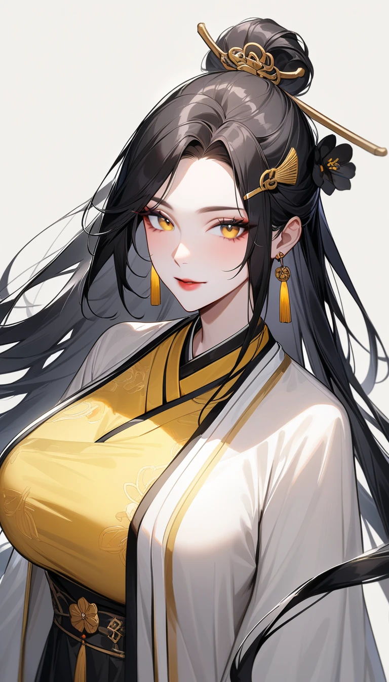 Oversized breasts、Exposing breasts.One girl, , Black Hair, Long Hair, Yellow Eyes, Black wolf ears, Side Lock, Mouth closed,, Are standing, Animal tails,Alluring、kimono、